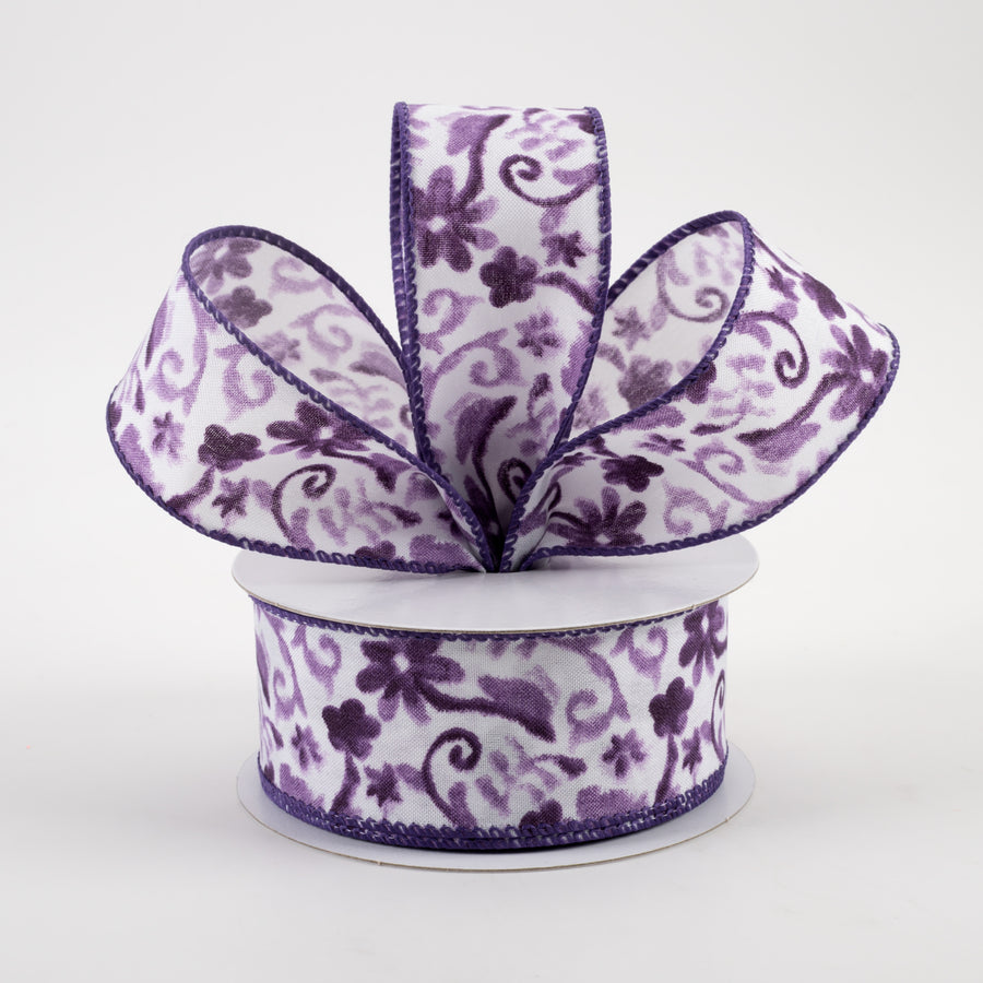 1.5" Watercolor Flower Branches Satin Ribbon: Purple (10 Yards) Lifestyle Photo