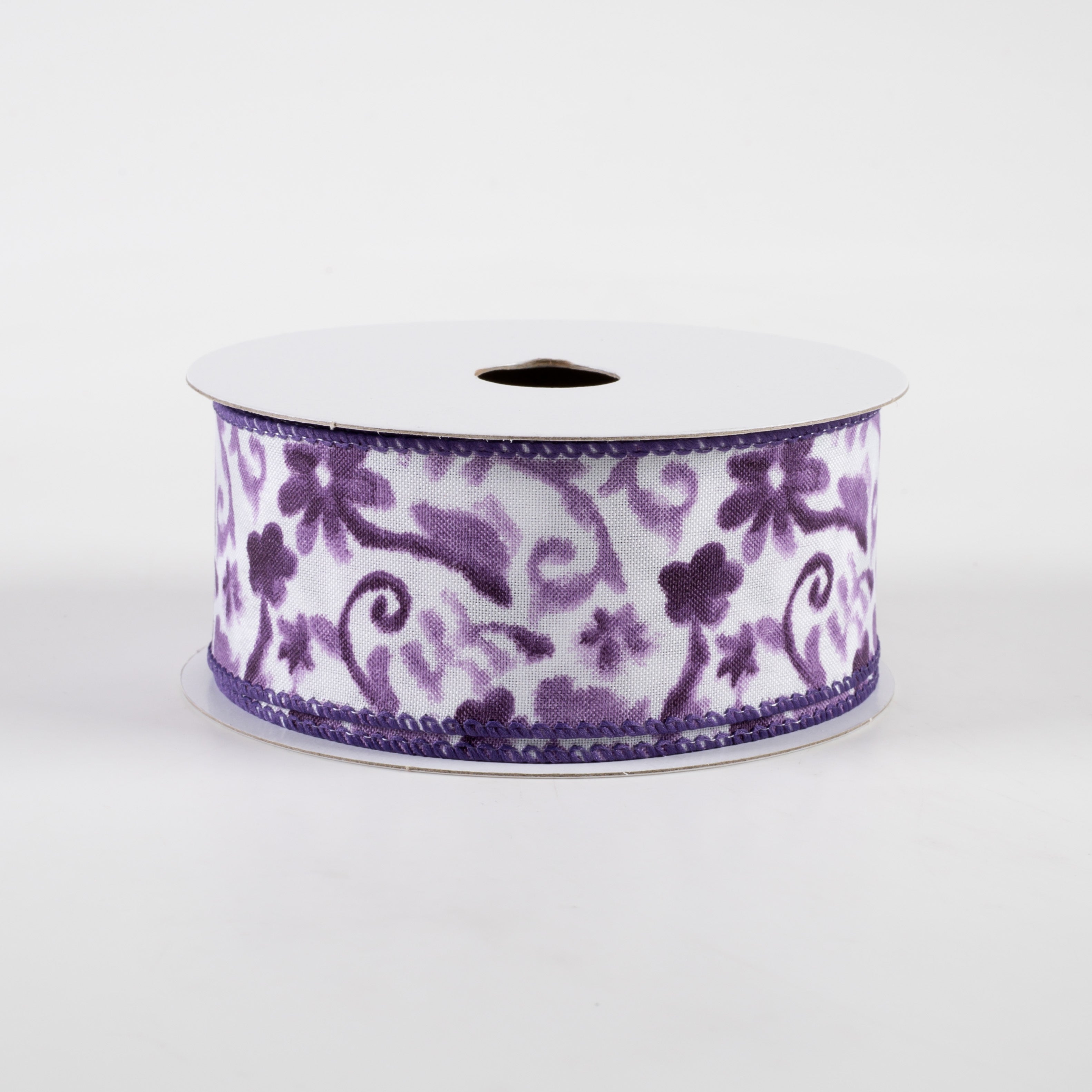 1.5" Watercolor Flower Branches Satin Ribbon: Purple (10 Yards)
