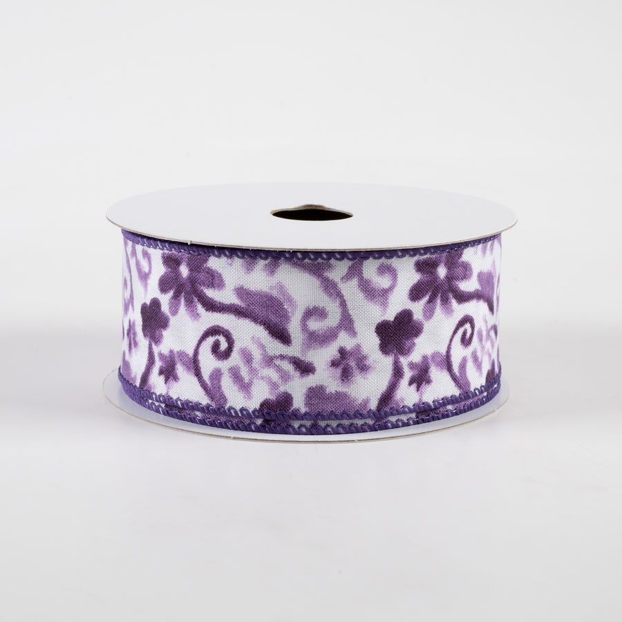 1.5" Watercolor Flower Branches Satin Ribbon: Purple (10 Yards)