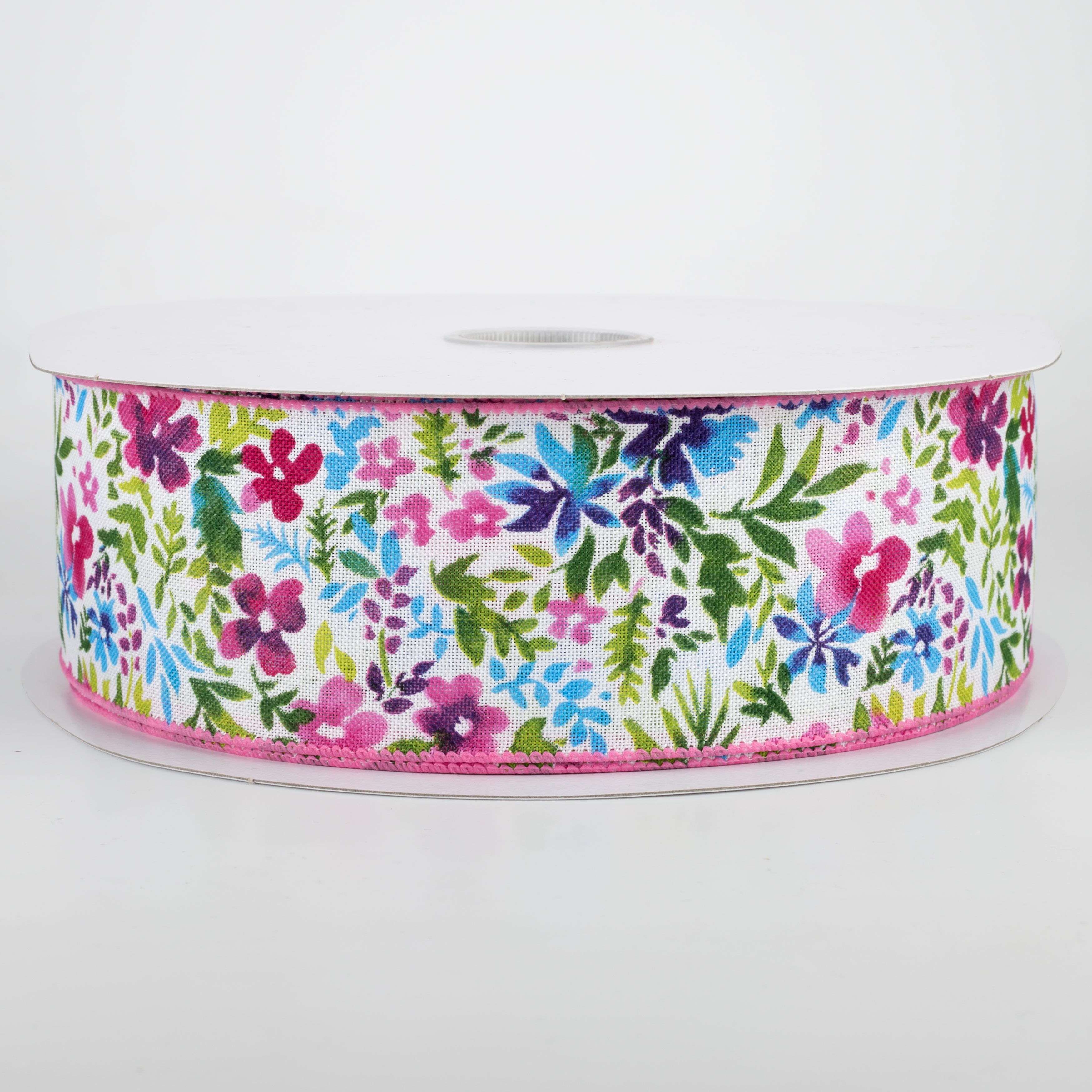 2.5" Watercolor Flowers on Linen Ribbon: Fuchsia & Blue (50 Yards) Item Number: 841-40-028