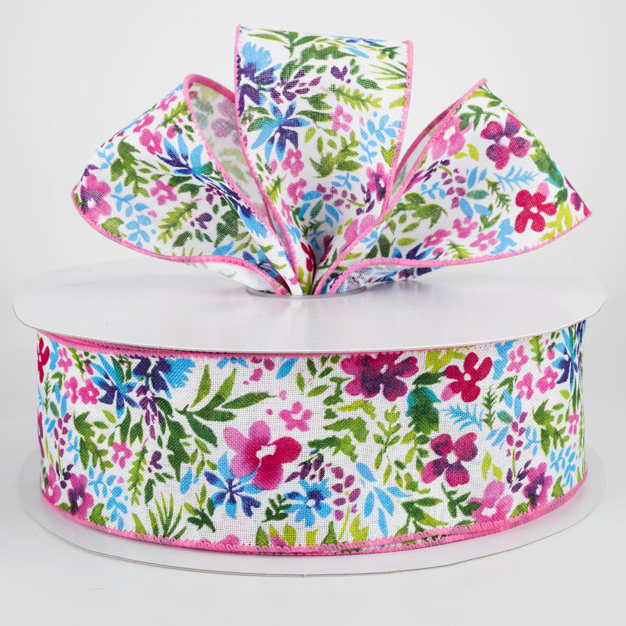2.5" Watercolor Flowers on Linen Ribbon: Fuchsia & Blue (50 Yards) Lifestyle Photo