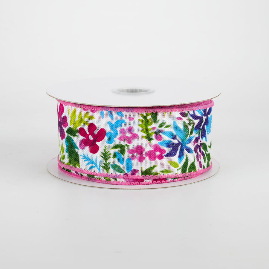 1.5" Watercolor Flowers on Linen Ribbon: Fuchsia & Blue (10 Yards)