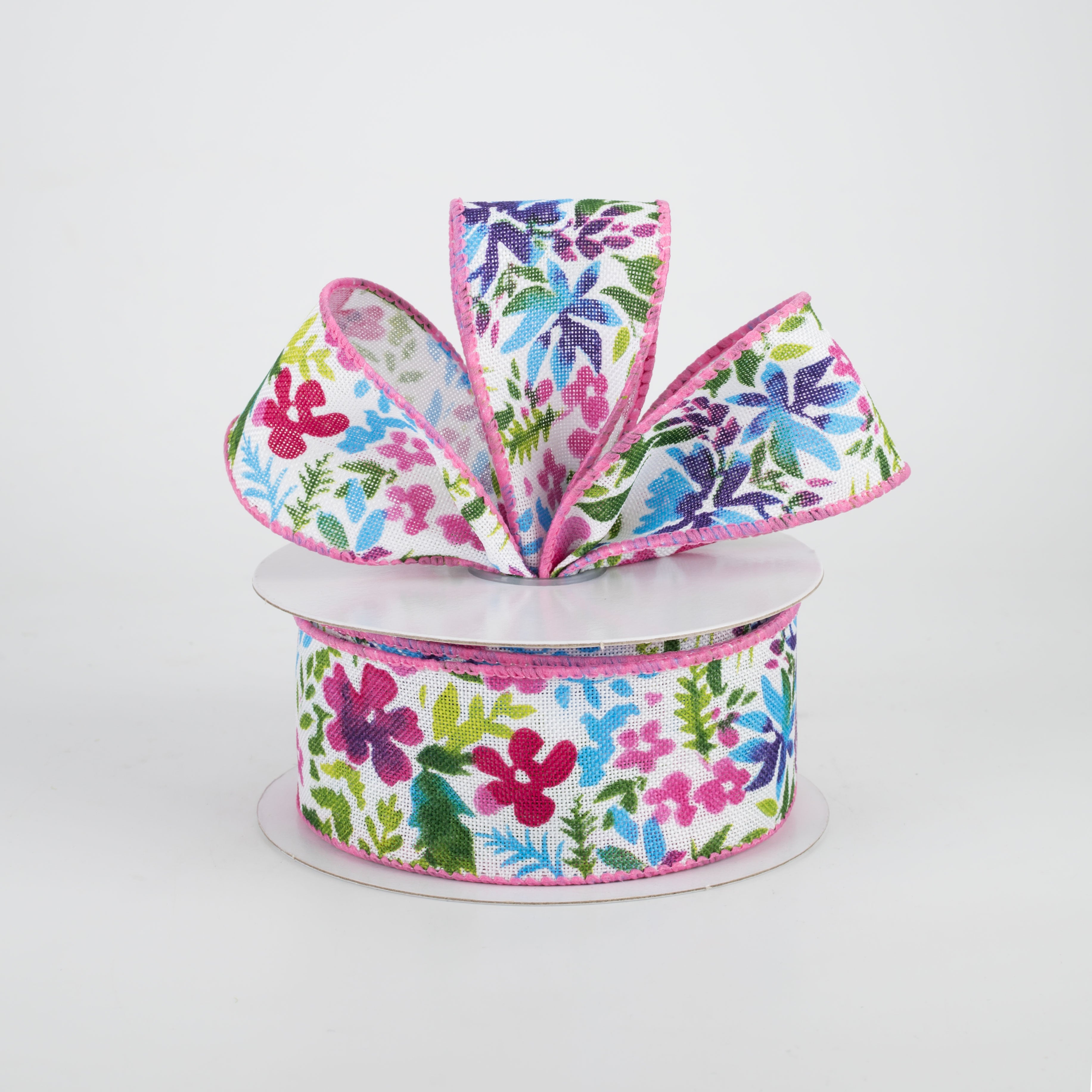 1.5" Watercolor Flowers on Linen Ribbon: Fuchsia & Blue (10 Yards) Lifestyle Photo