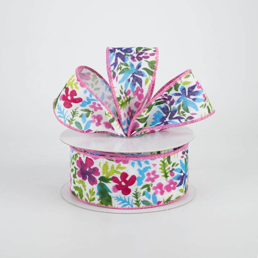 1.5" Watercolor Flowers on Linen Ribbon: Fuchsia & Blue (10 Yards) Lifestyle Photo