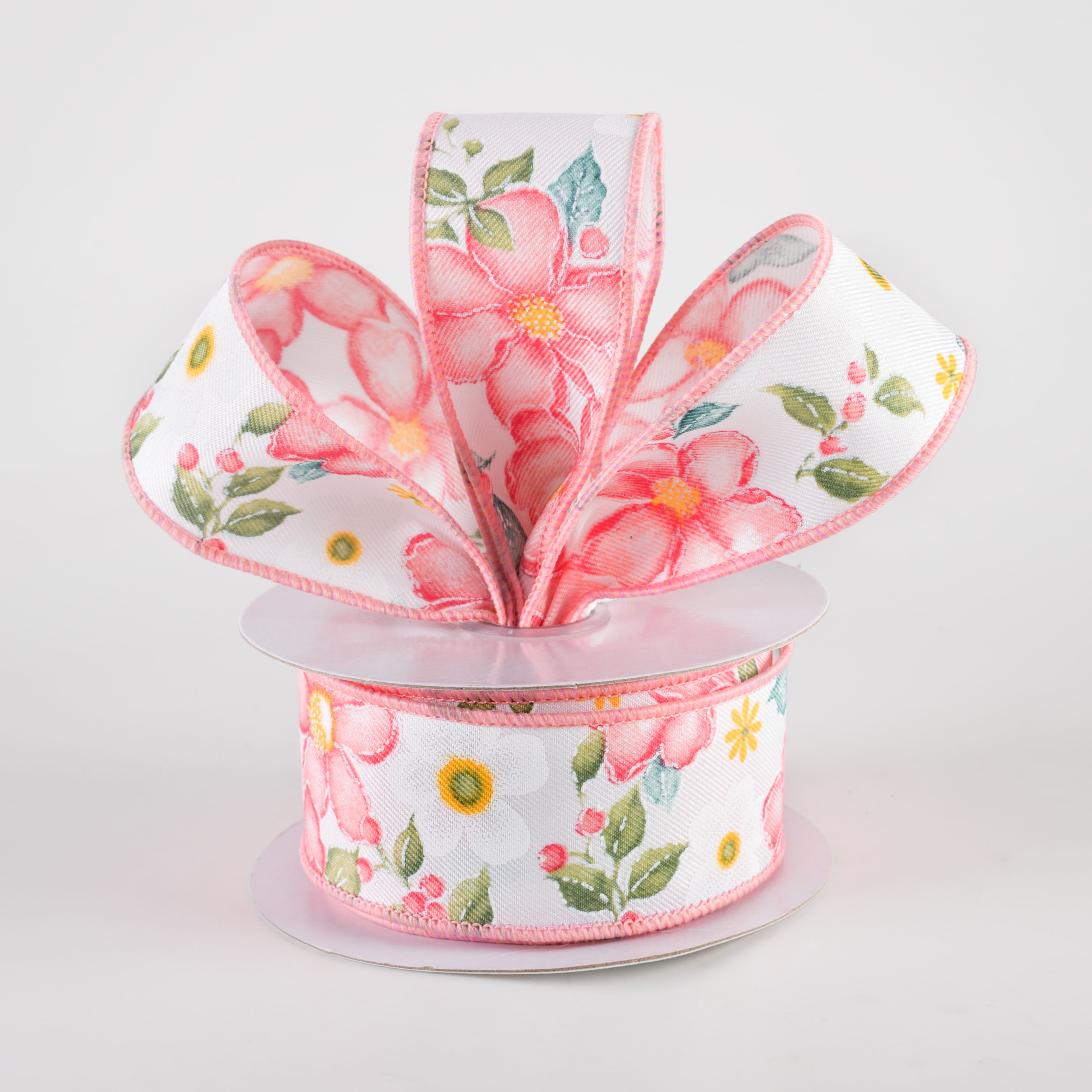 1.5" Watercolor Flowers Ribbon: Dark Rose, Coral, Green, Teal (10 Yards) Lifestyle Photo