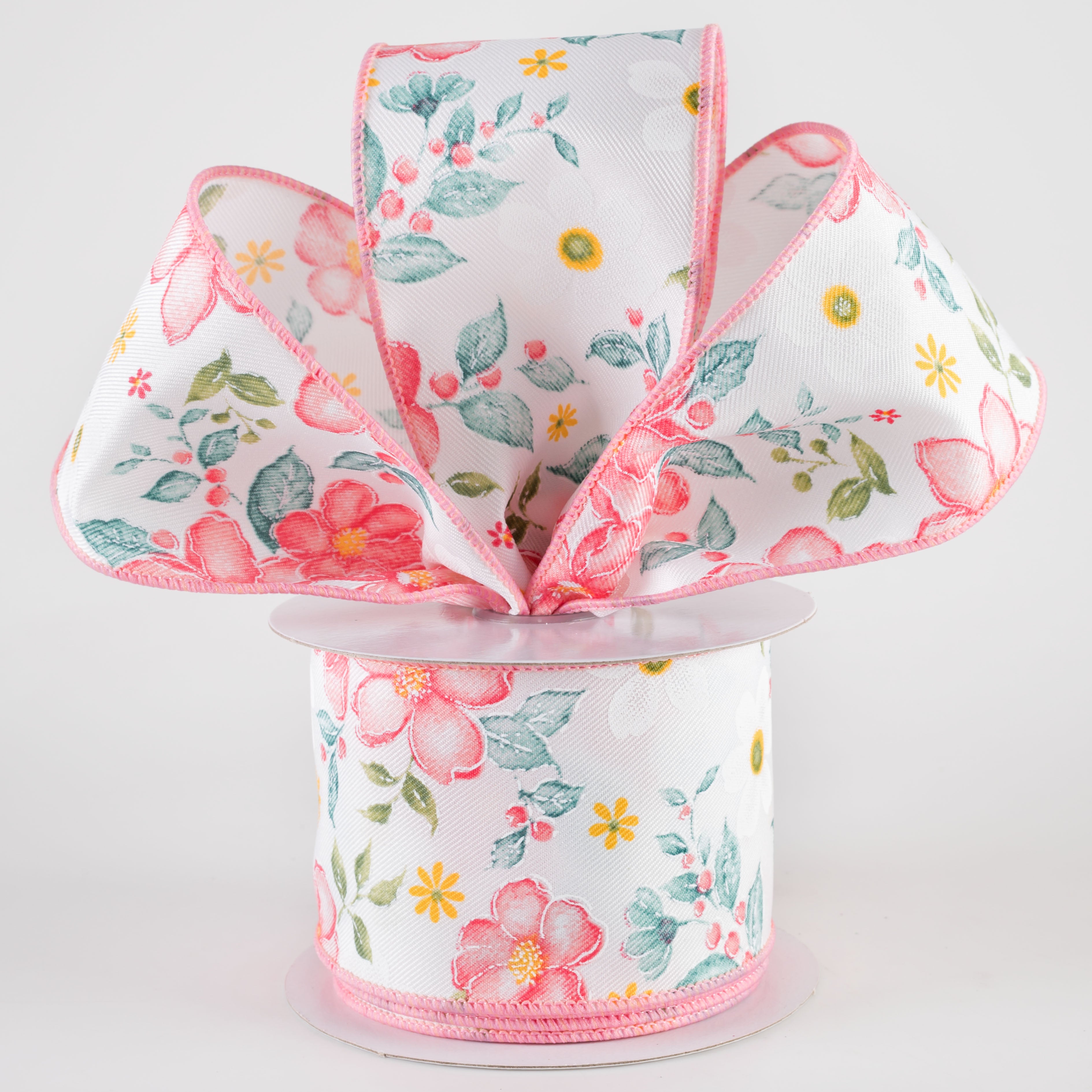 2.5" Watercolor Flowers Ribbon: Dark Rose, Coral, Green, Teal (10 Yards) Lifestyle Photo