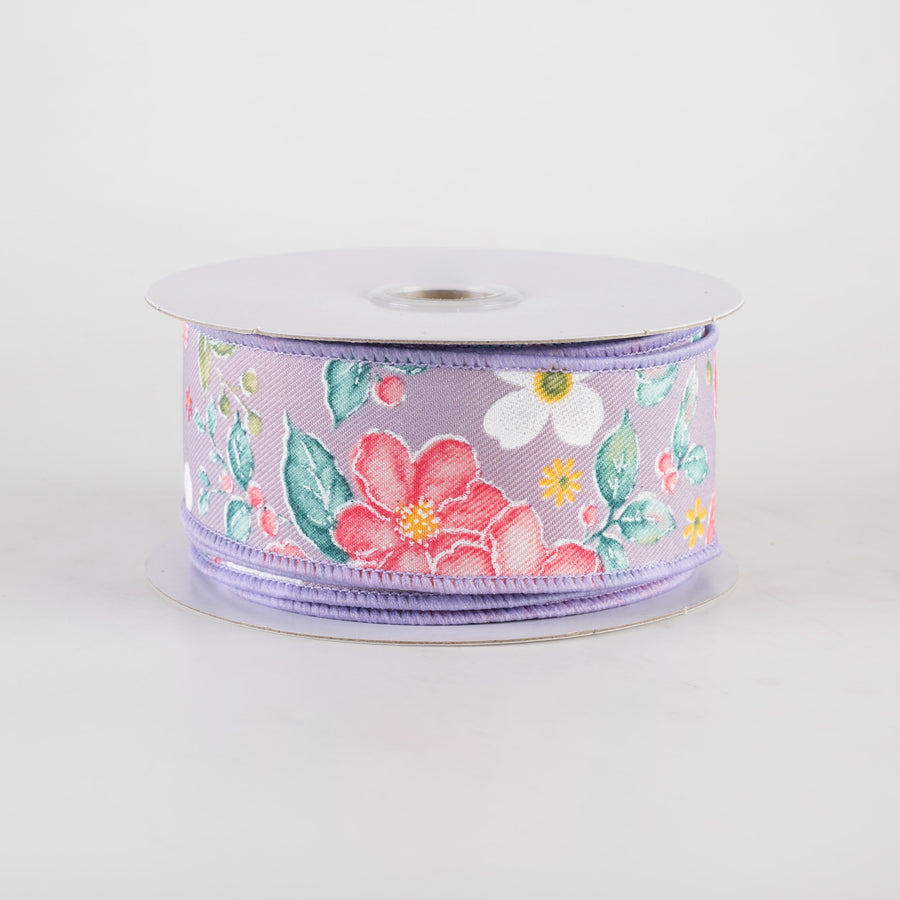 1.5" Watercolor Flowers Ribbon: Lavender, Dark Rose, Coral (10 Yards)