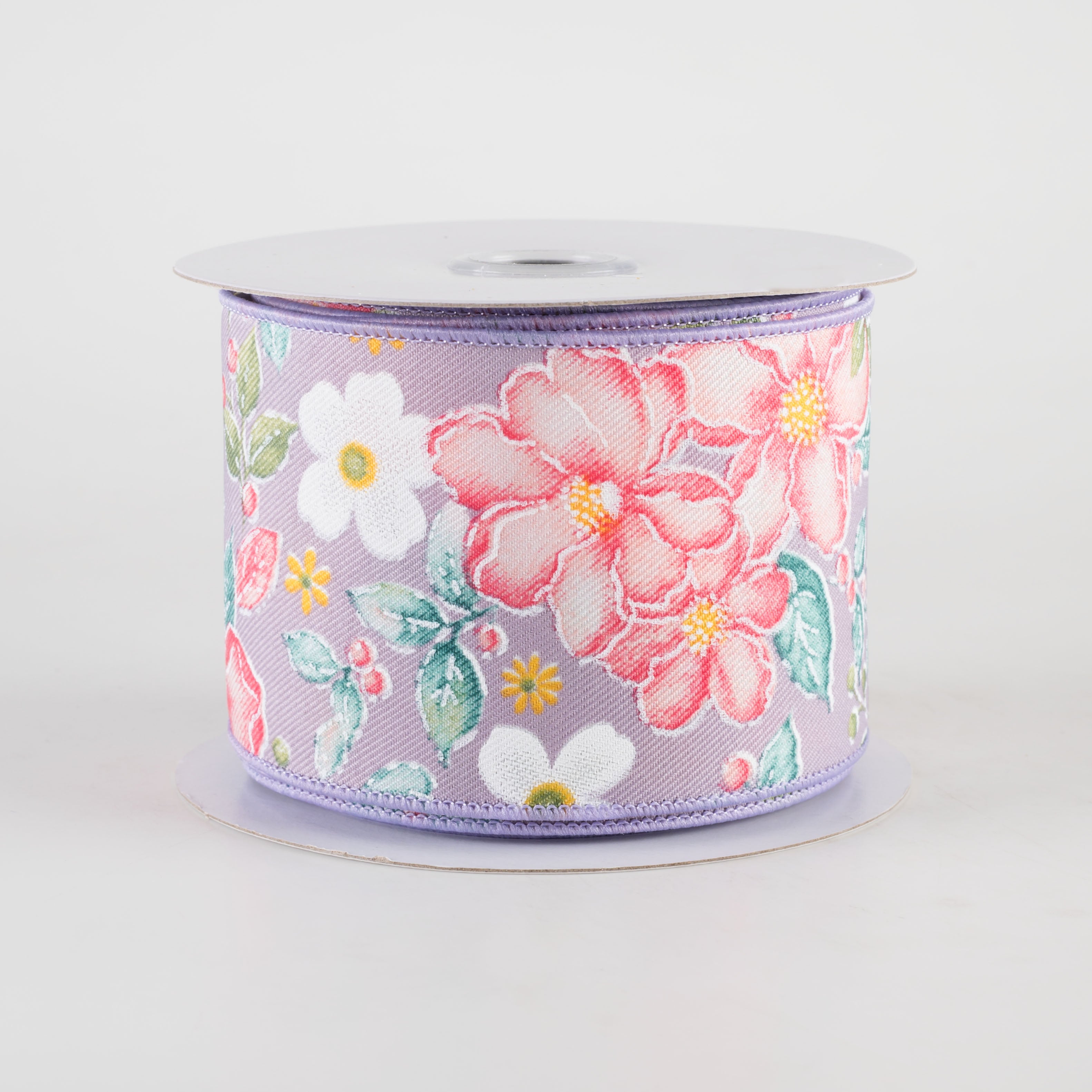 2.5" Watercolor Flowers Ribbon: Lavender, Dark Rose, Coral (10 Yards)