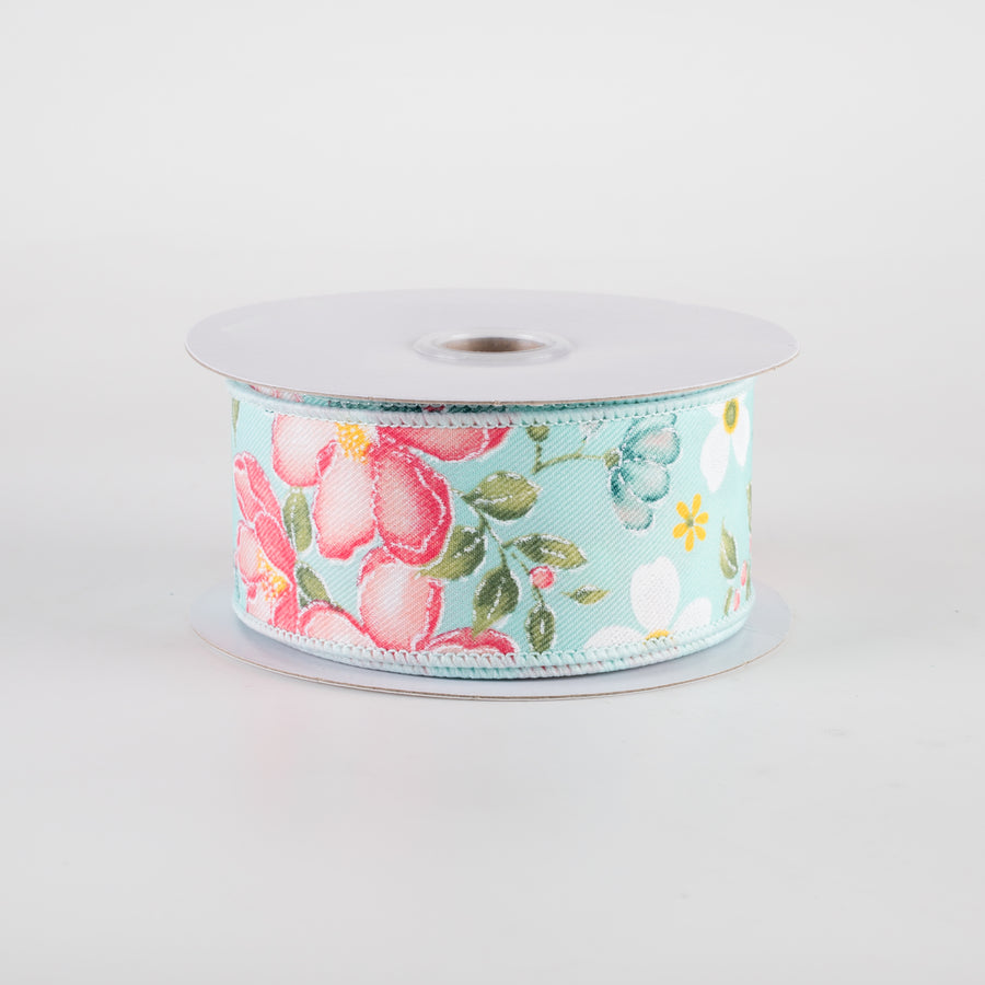 1.5" Watercolor Flowers Ribbon: Light Blue, Dark Rose, Coral (10 Yards)