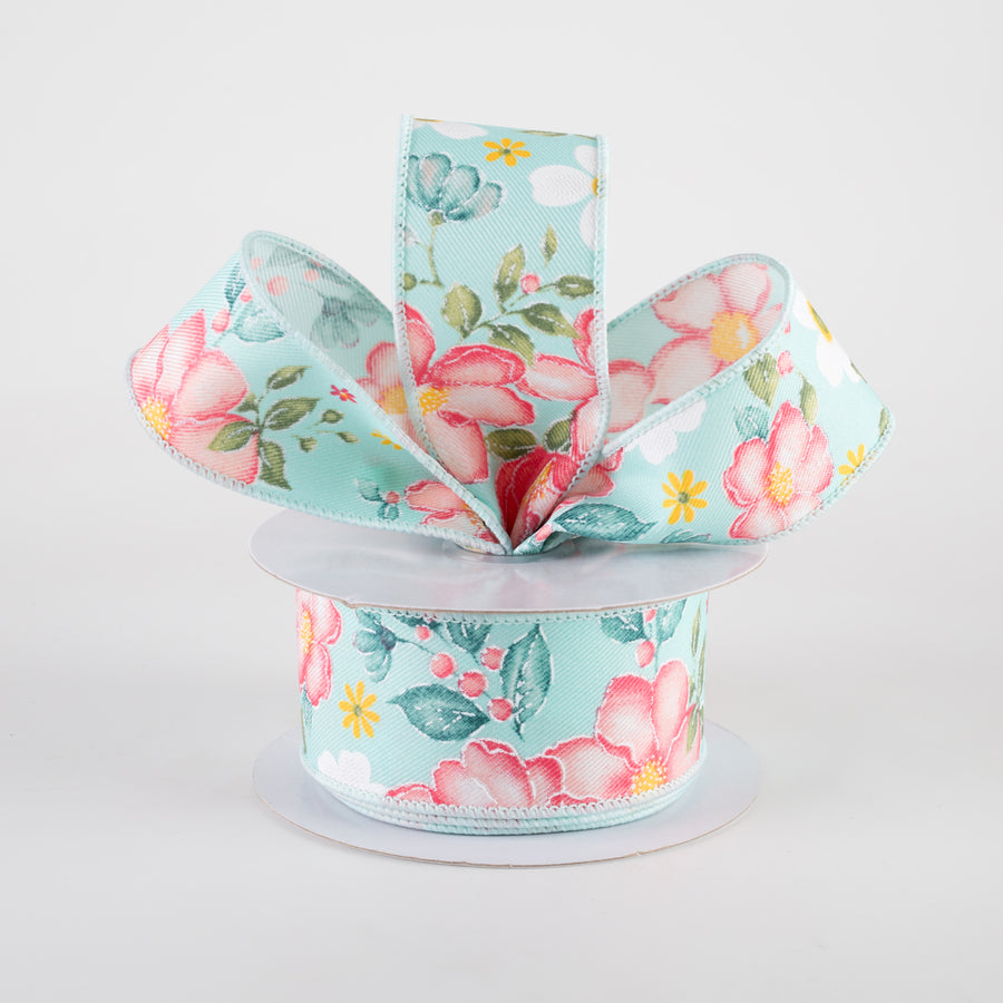 1.5" Watercolor Flowers Ribbon: Light Blue, Dark Rose, Coral (10 Yards) Lifestyle Photo