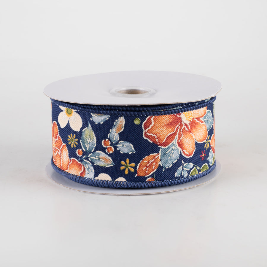1.5" Watercolor Flowers Ribbon: Navy, Wine, Orange, Moss (10 Yards)