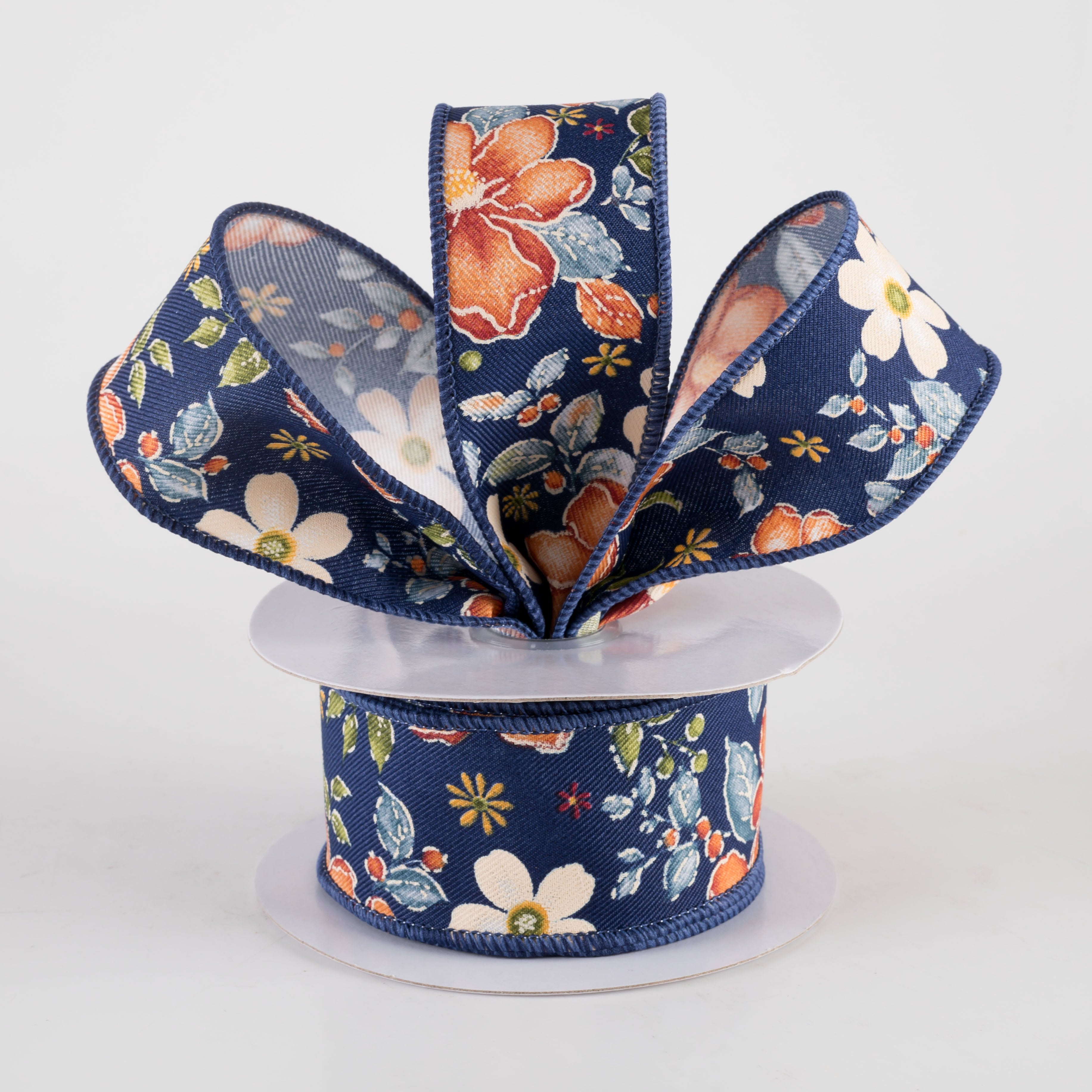 1.5" Watercolor Flowers Ribbon: Navy, Wine, Orange, Moss (10 Yards) Lifestyle Photo