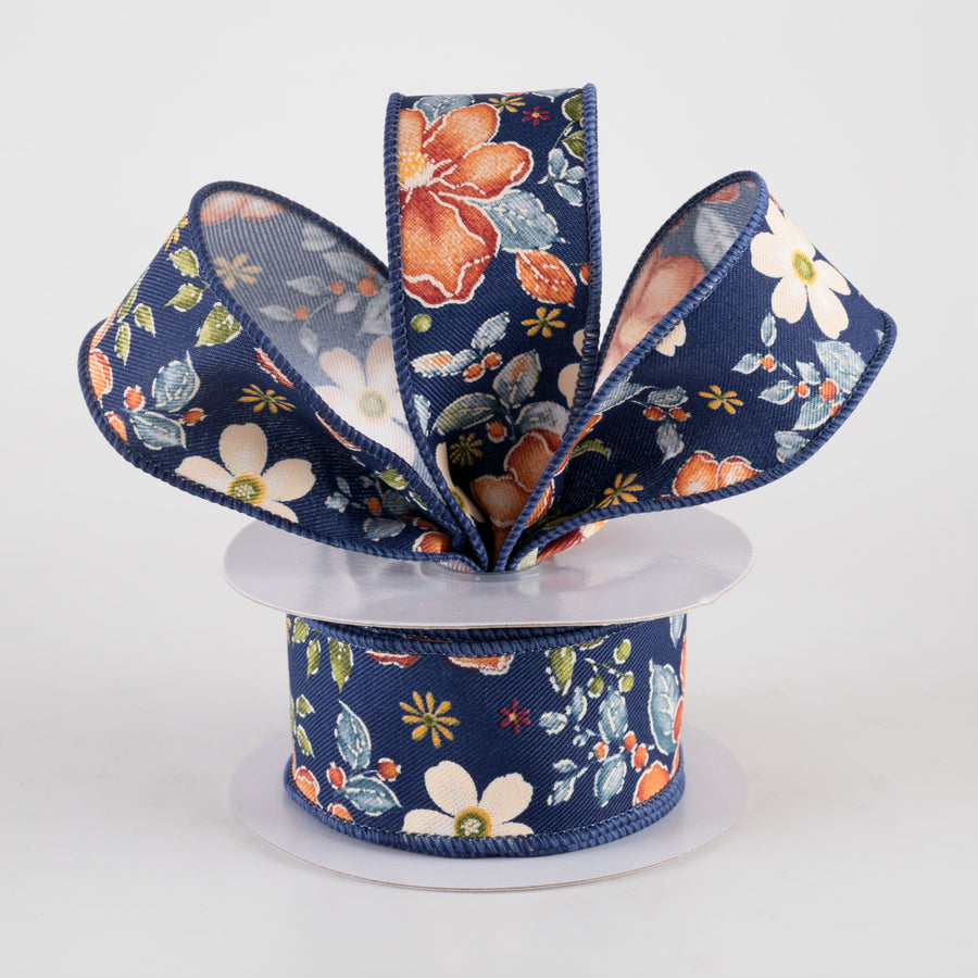 1.5" Watercolor Flowers Ribbon: Navy, Wine, Orange, Moss (10 Yards) Lifestyle Photo