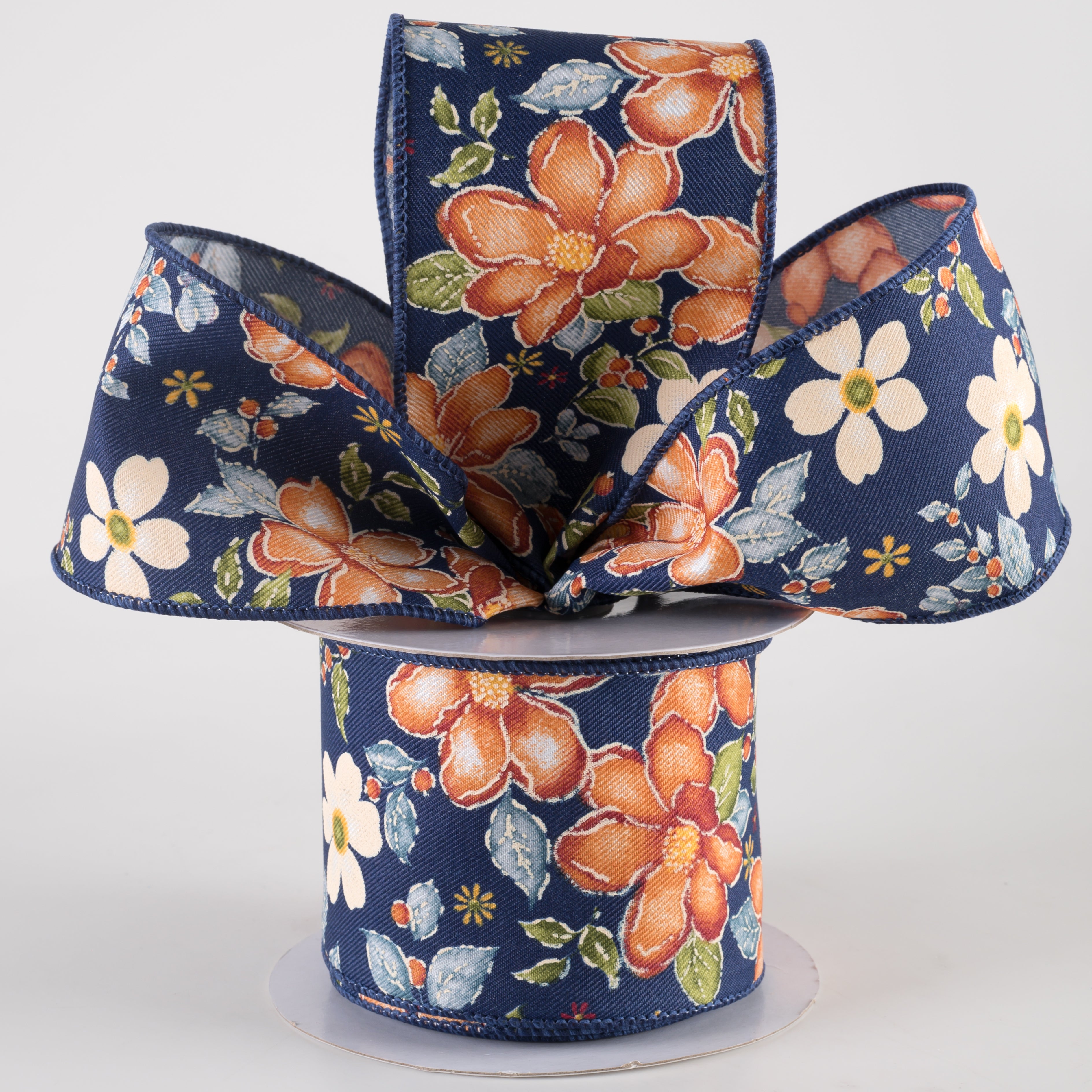 2.5" Watercolor Flowers Ribbon: Navy, Wine, Orange, Moss (10 Yards) Lifestyle Photo