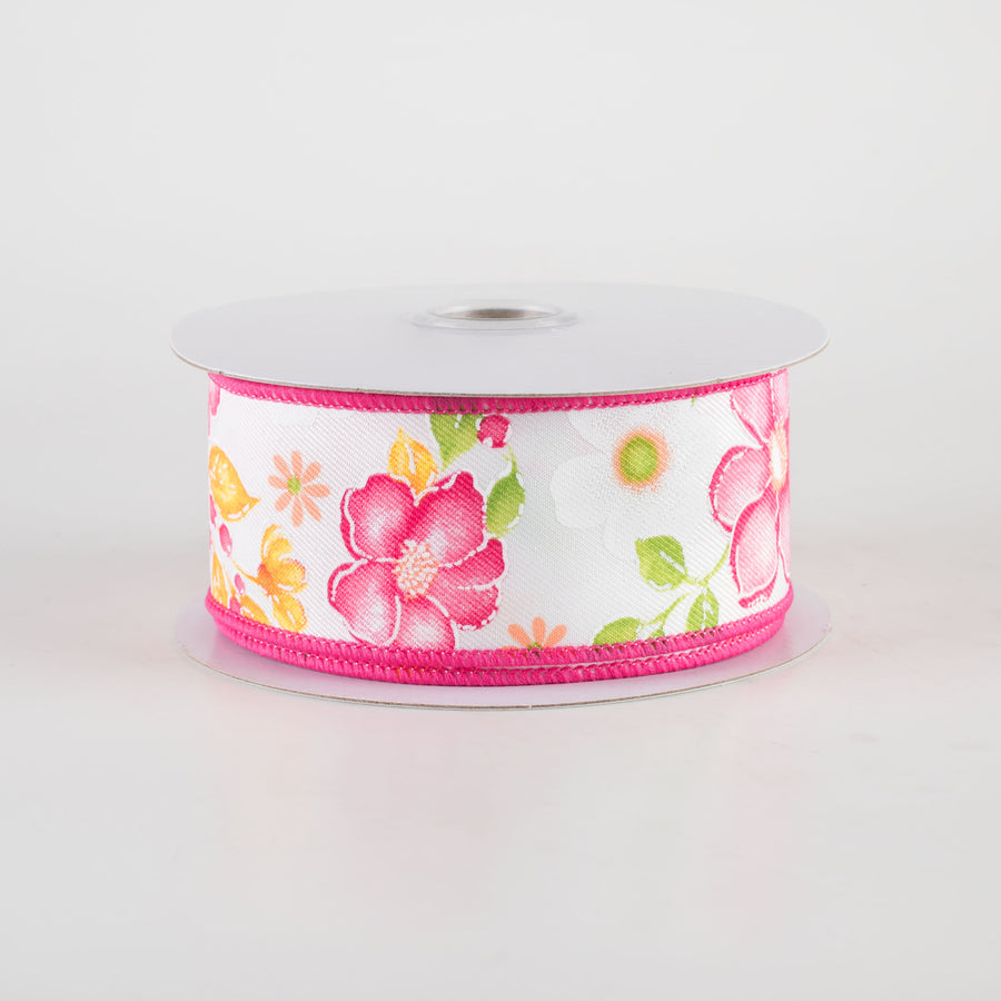 1.5" Watercolor Flowers Ribbon: Pink, Green, Orange (10 Yards)