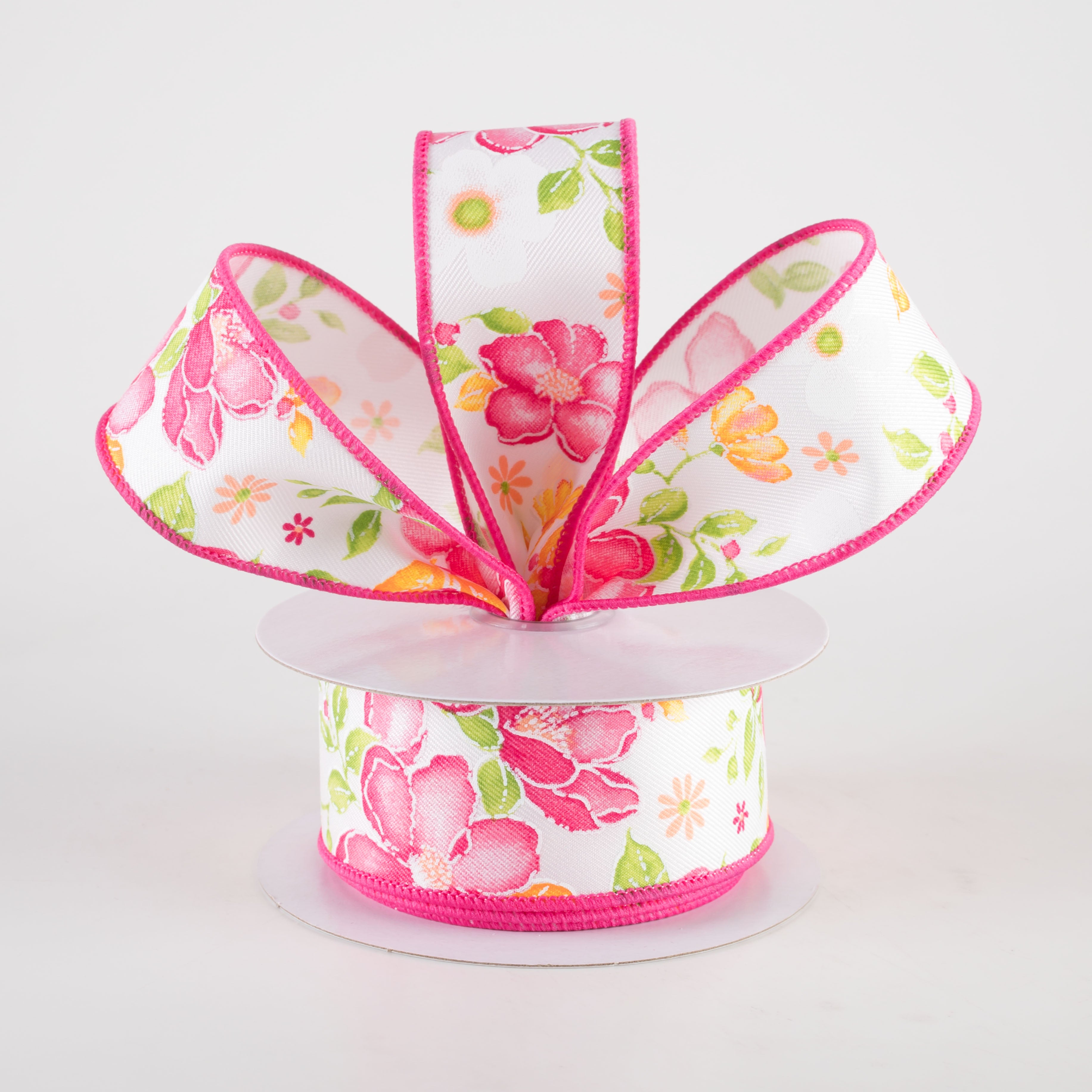 1.5" Watercolor Flowers Ribbon: Pink, Green, Orange (10 Yards) Lifestyle Photo