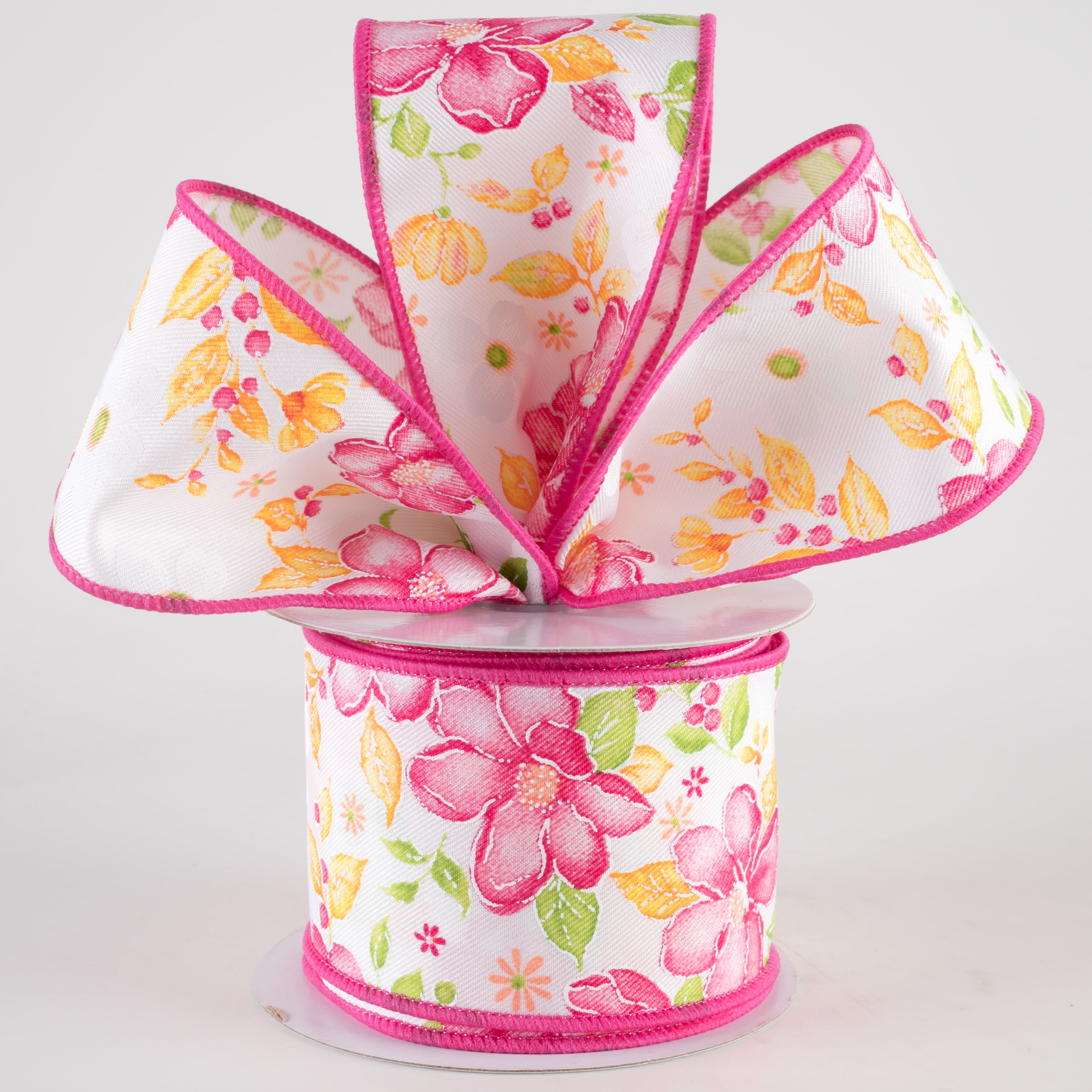 2.5" Watercolor Flowers Ribbon: Pink, Green, Orange (10 Yards) Lifestyle Photo