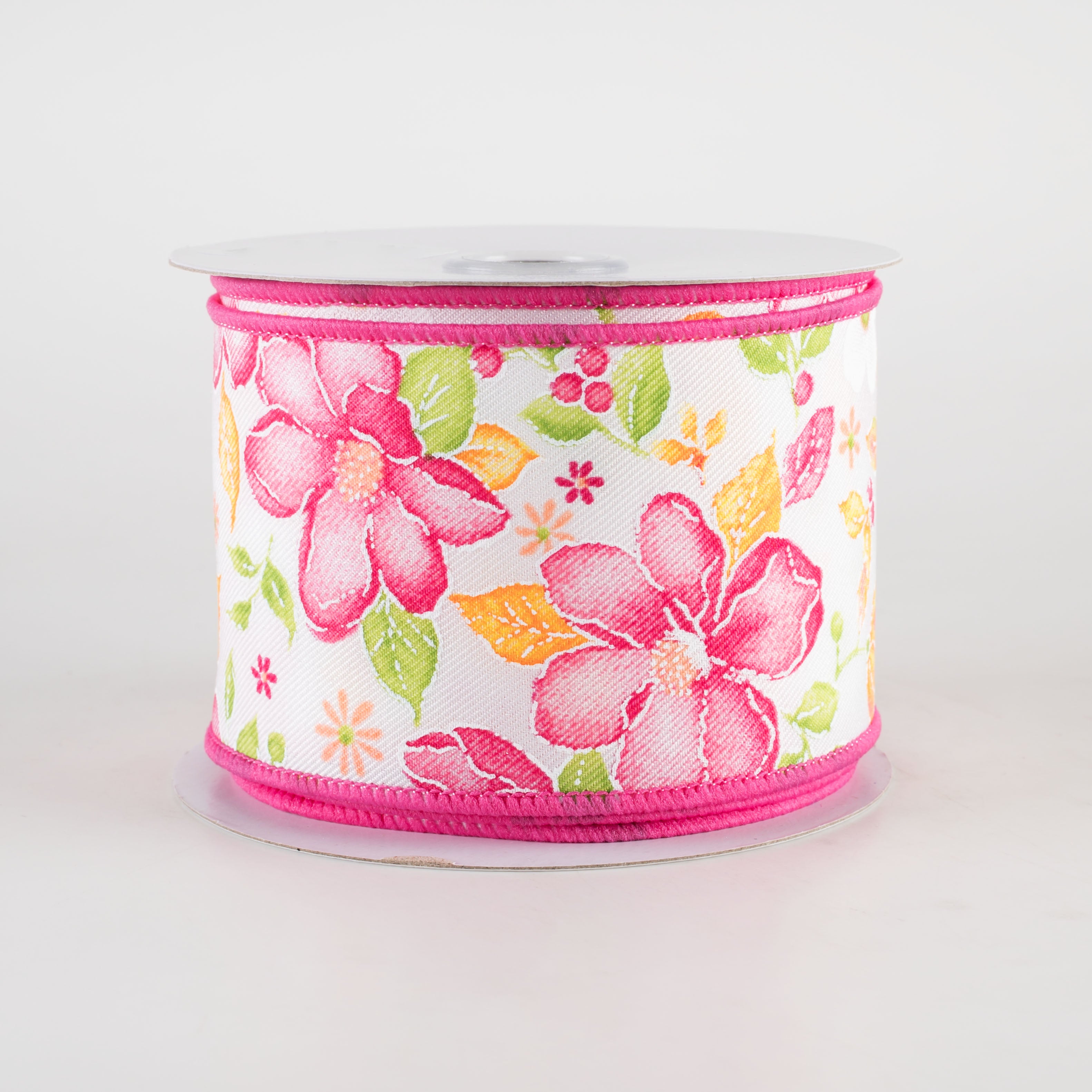 2.5" Watercolor Flowers Ribbon: Pink, Green, Orange (10 Yards)