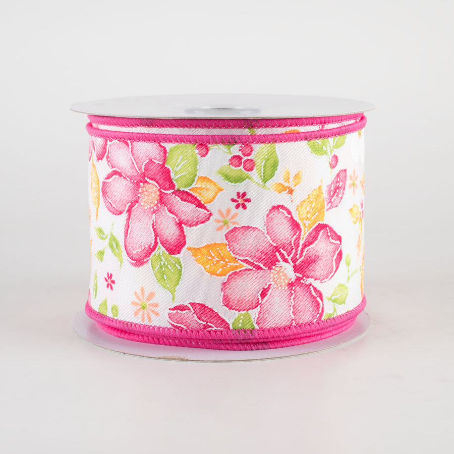 2.5" Watercolor Flowers Ribbon: Pink, Green, Orange (10 Yards)
