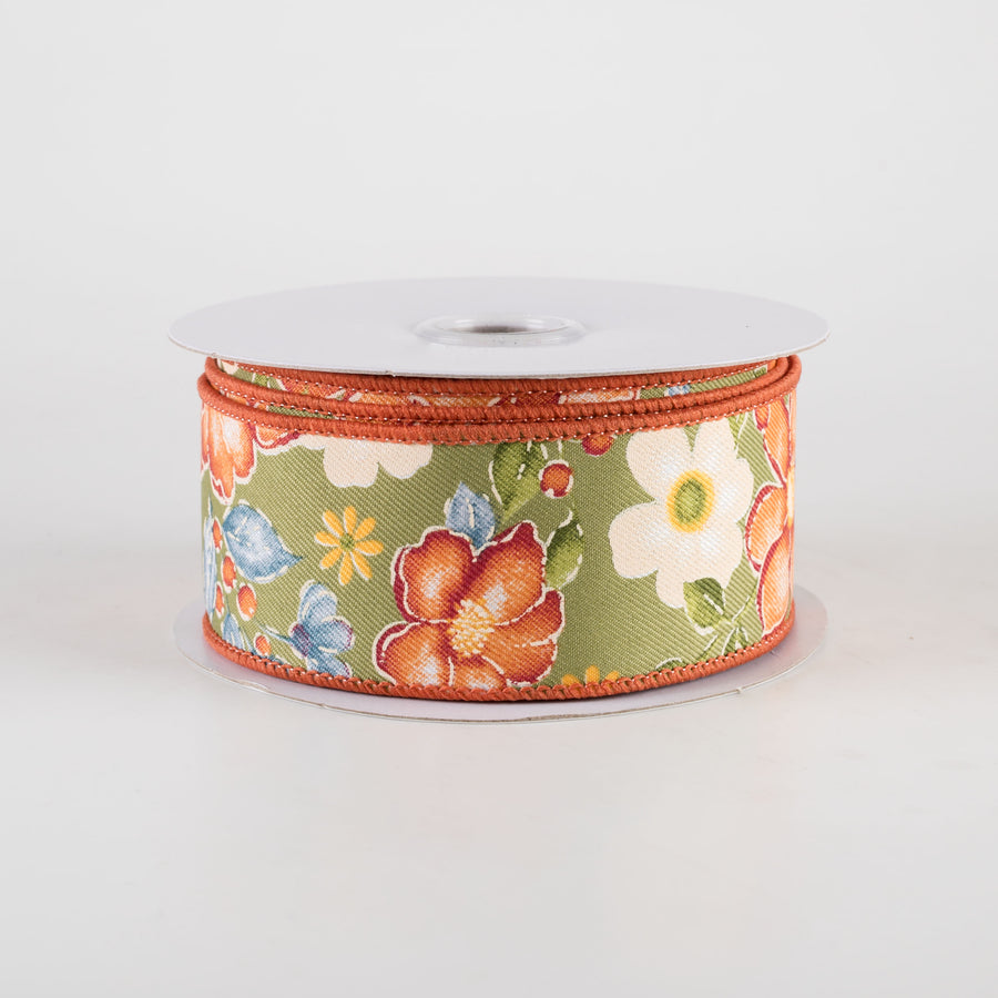 1.5" Watercolor Flowers Ribbon: Sage, Wine, Orange, Moss (10 Yards)