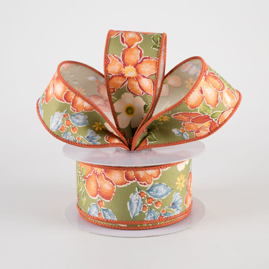 1.5" Watercolor Flowers Ribbon: Sage, Wine, Orange, Moss (10 Yards) Lifestyle Photo