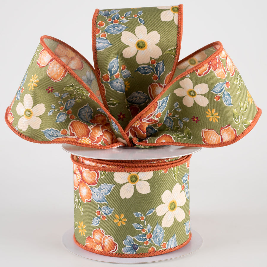 2.5" Watercolor Flowers Ribbon: Sage, Wine, Orange, Moss (10 Yards) Lifestyle Photo