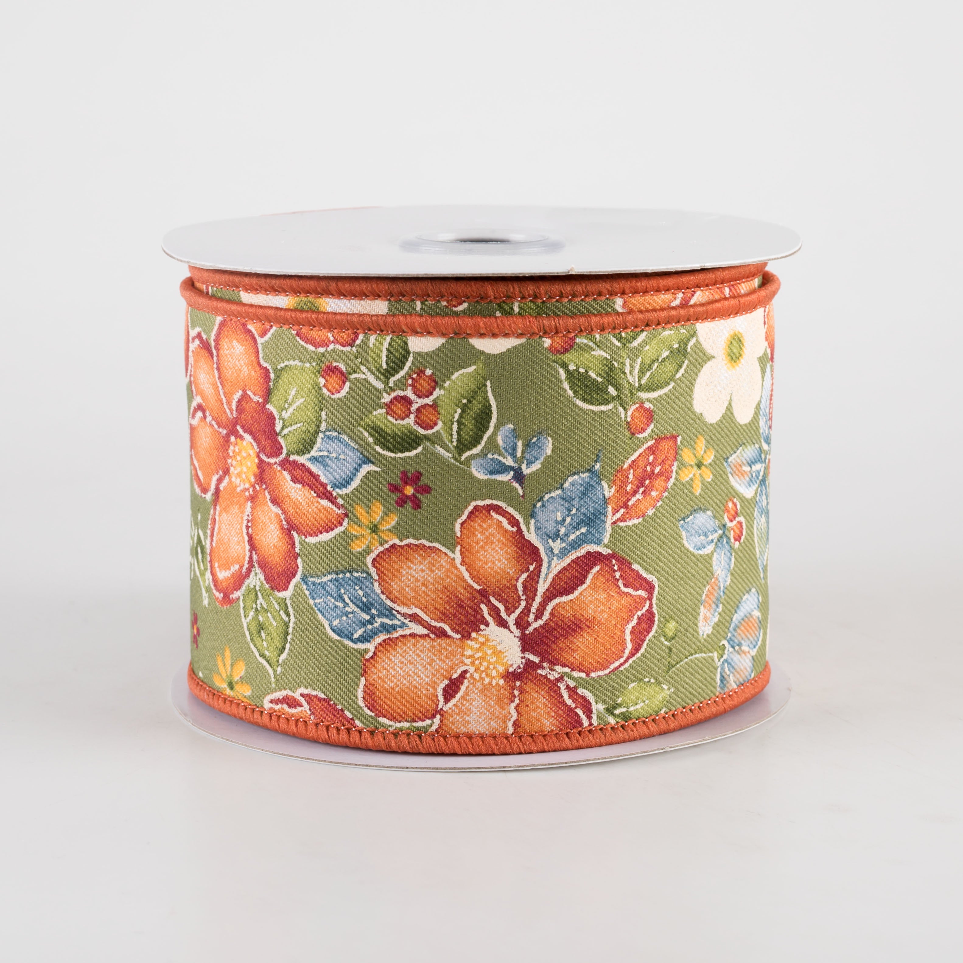 2.5" Watercolor Flowers Ribbon: Sage, Wine, Orange, Moss (10 Yards)