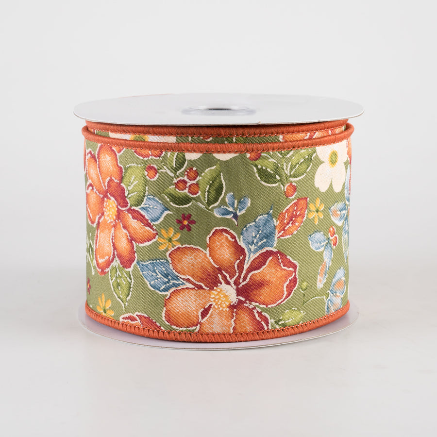 2.5" Watercolor Flowers Ribbon: Sage, Wine, Orange, Moss (10 Yards)