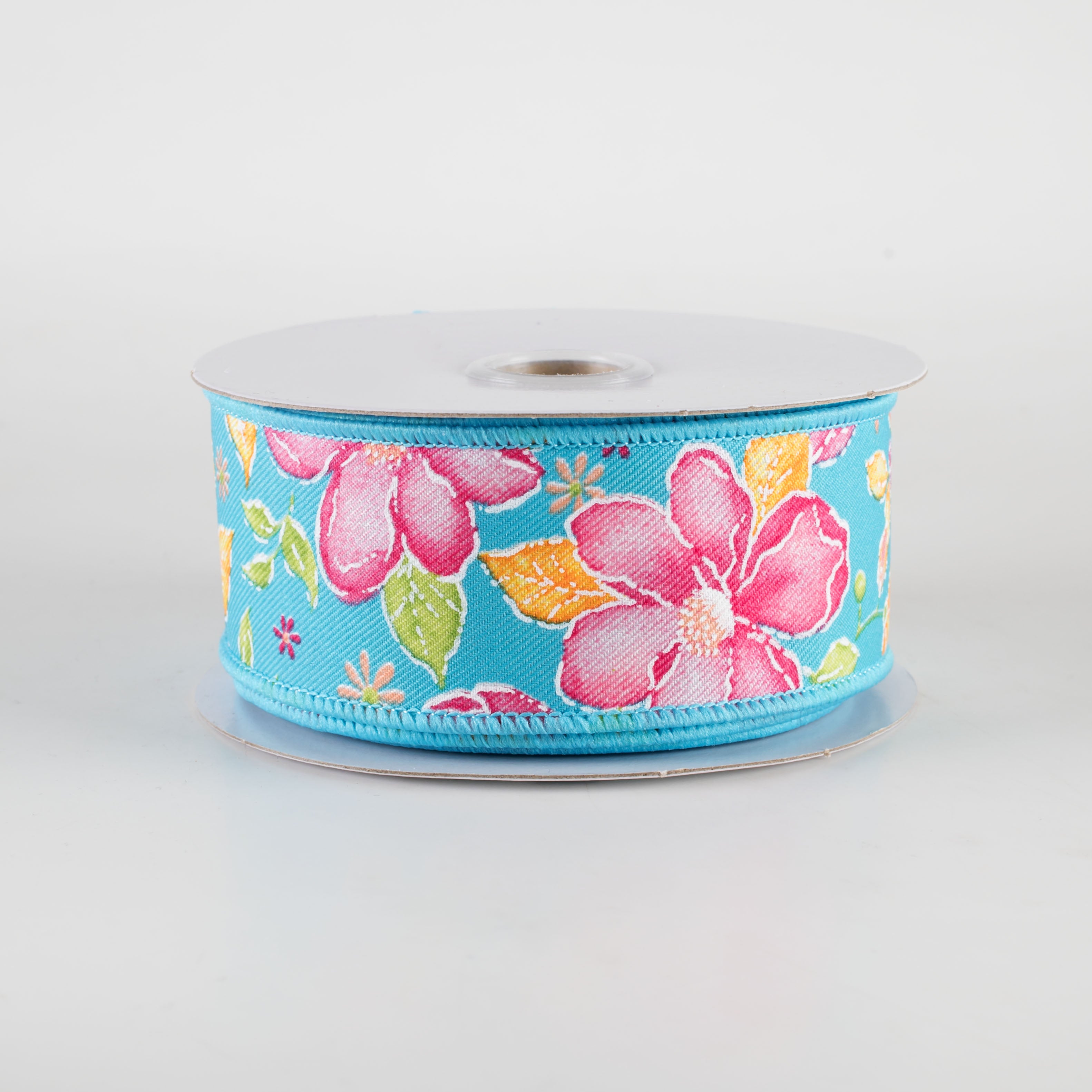 1.5" Watercolor Flowers Ribbon: Turquoise, Pink, Green, Orange (10 Yards)