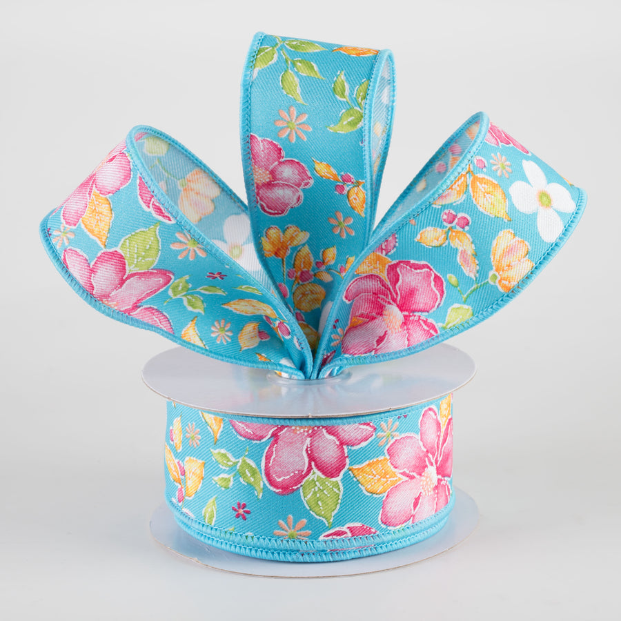 1.5" Watercolor Flowers Ribbon: Turquoise, Pink, Green, Orange (10 Yards) Lifestyle Photo
