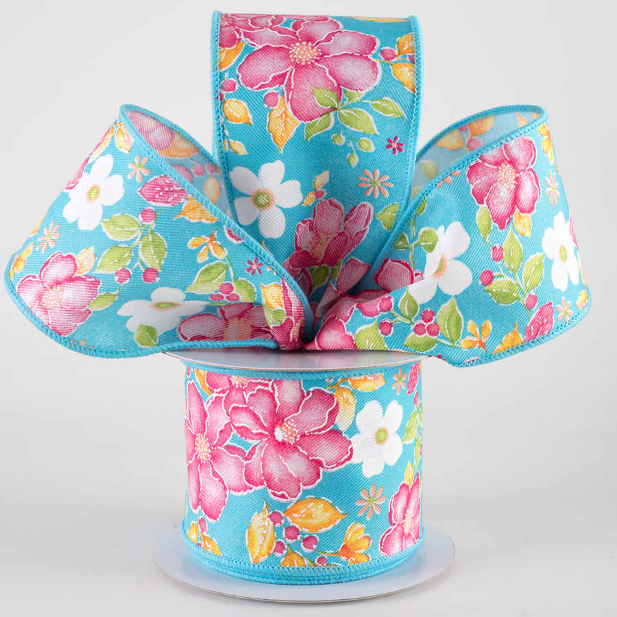 2.5" Watercolor Flowers Ribbon: Turquoise, Pink, Green, Orange (10 Yards) Lifestyle Photo