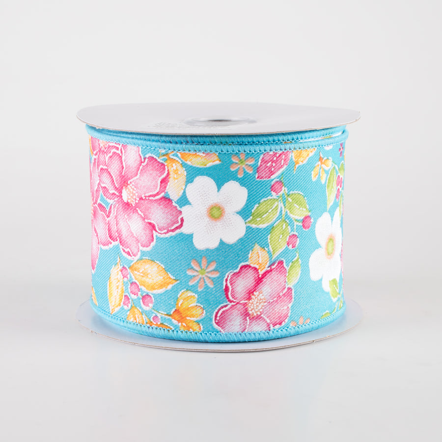 2.5" Watercolor Flowers Ribbon: Turquoise, Pink, Green, Orange (10 Yards)