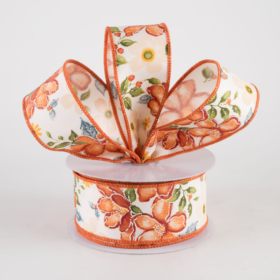1.5" Watercolor Flowers Ribbon: Wine, Orange, Moss, Blue (10 Yards) Lifestyle Photo
