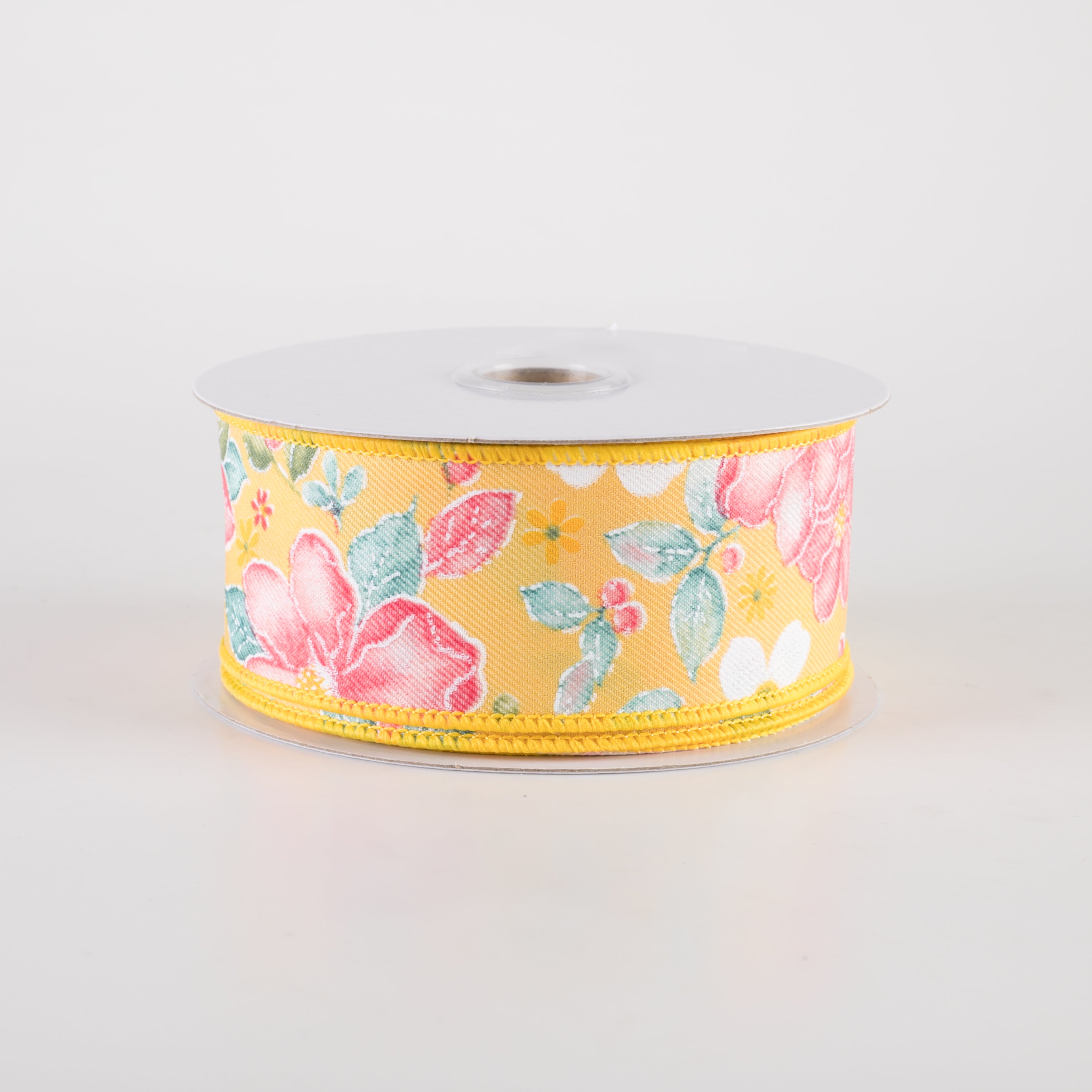 1.5" Watercolor Flowers Ribbon: Yellow, Dark Rose, Coral, Green (10 Yards)
