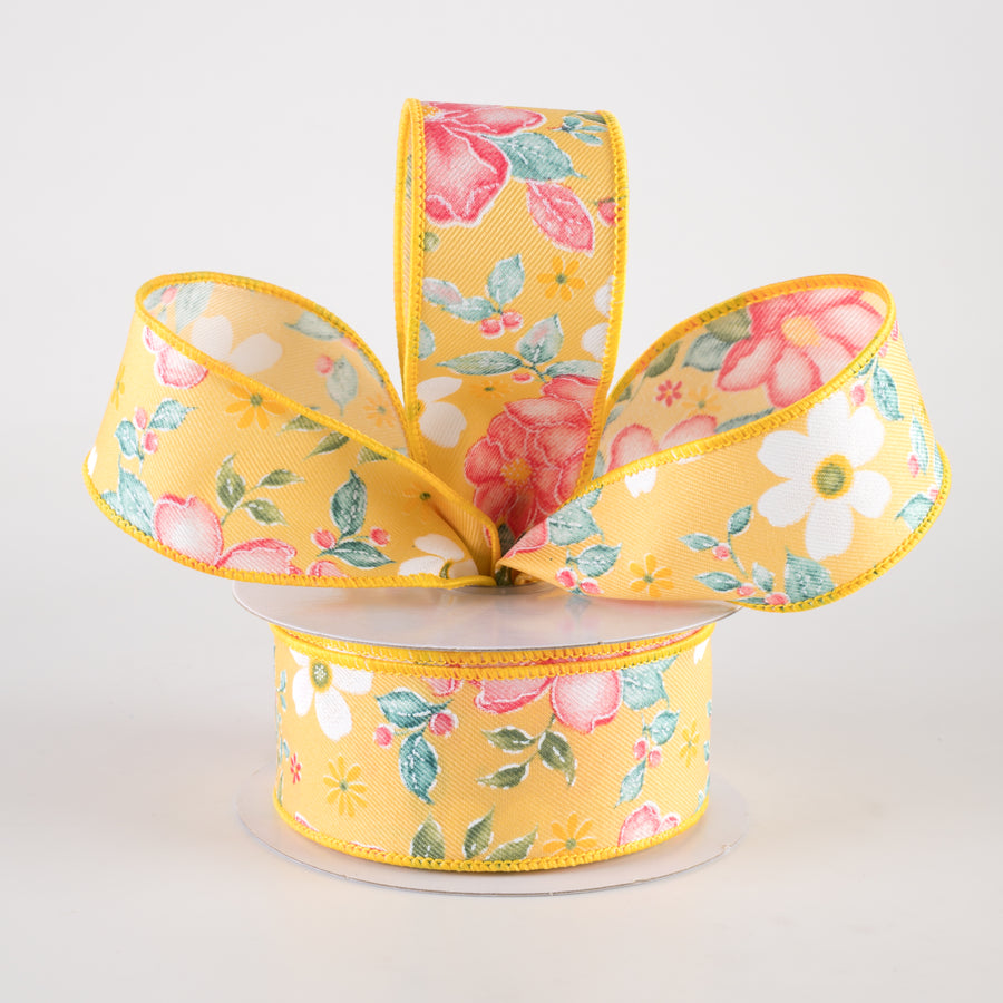 1.5" Watercolor Flowers Ribbon: Yellow, Dark Rose, Coral, Green (10 Yards) Lifestyle Photo