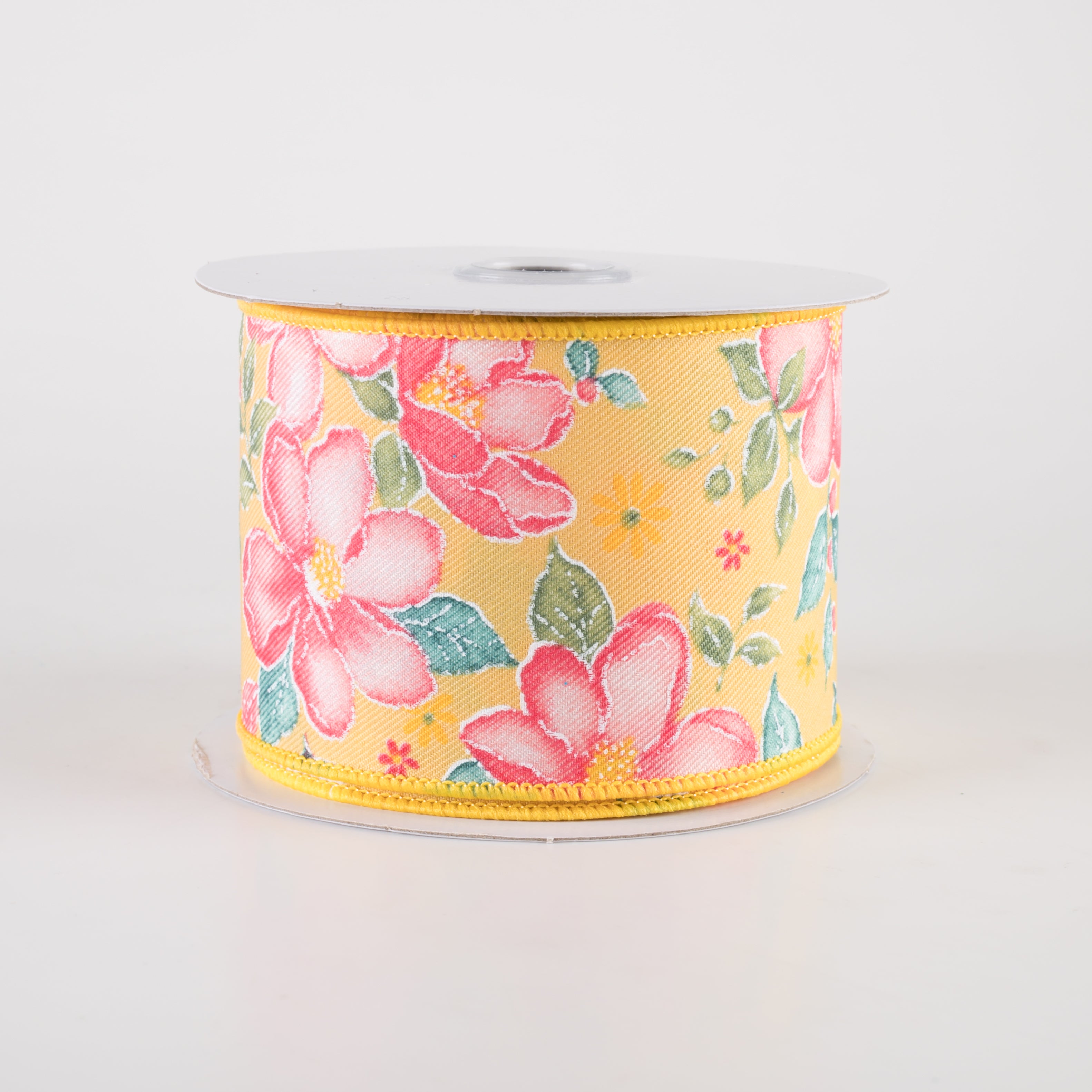 2.5" Watercolor Flowers Ribbon: Yellow, Dark Rose, Coral, Green (10 Yards)