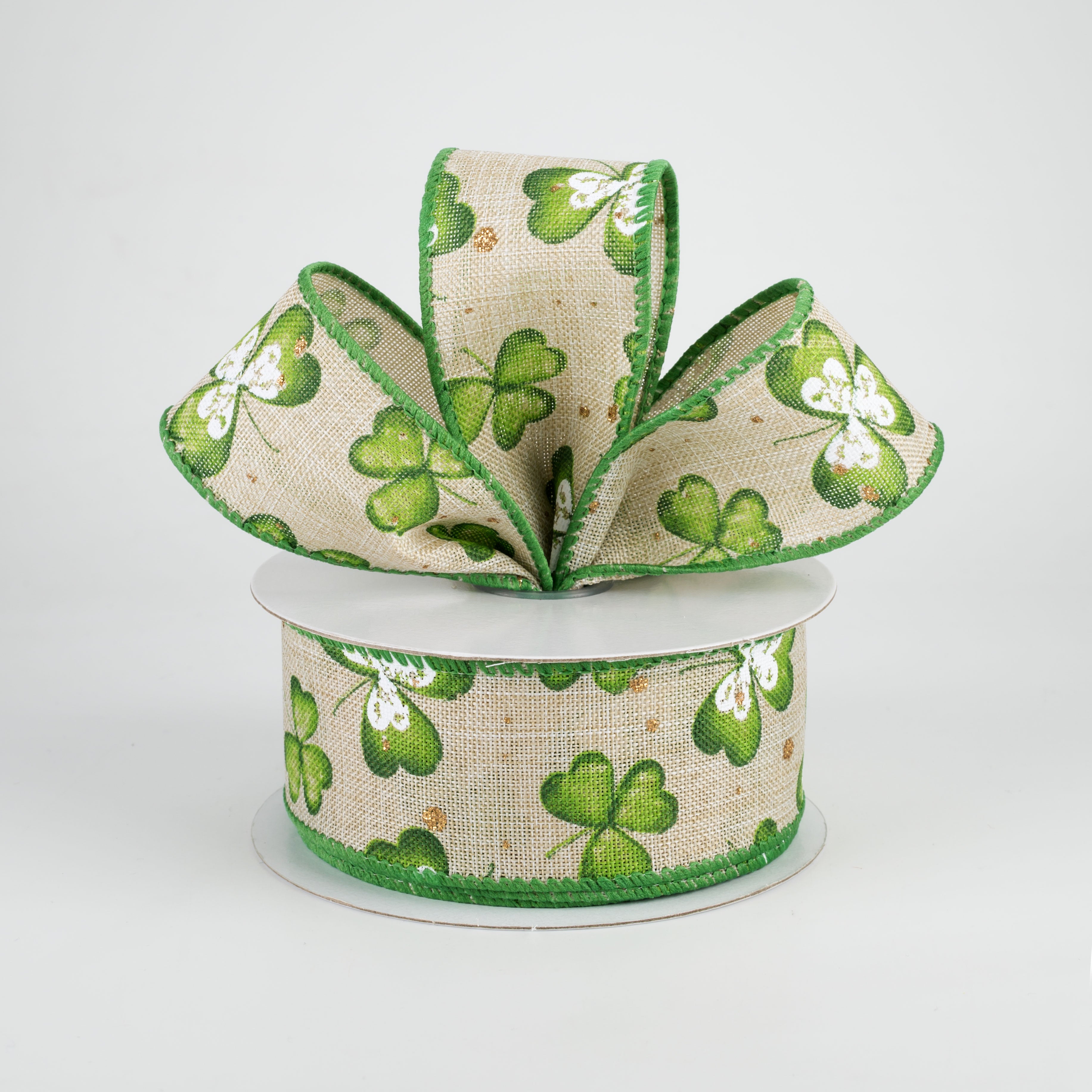 1.5" Watercolor Shamrocks Ribbon: Natural (10 Yards) Lifestyle Photo