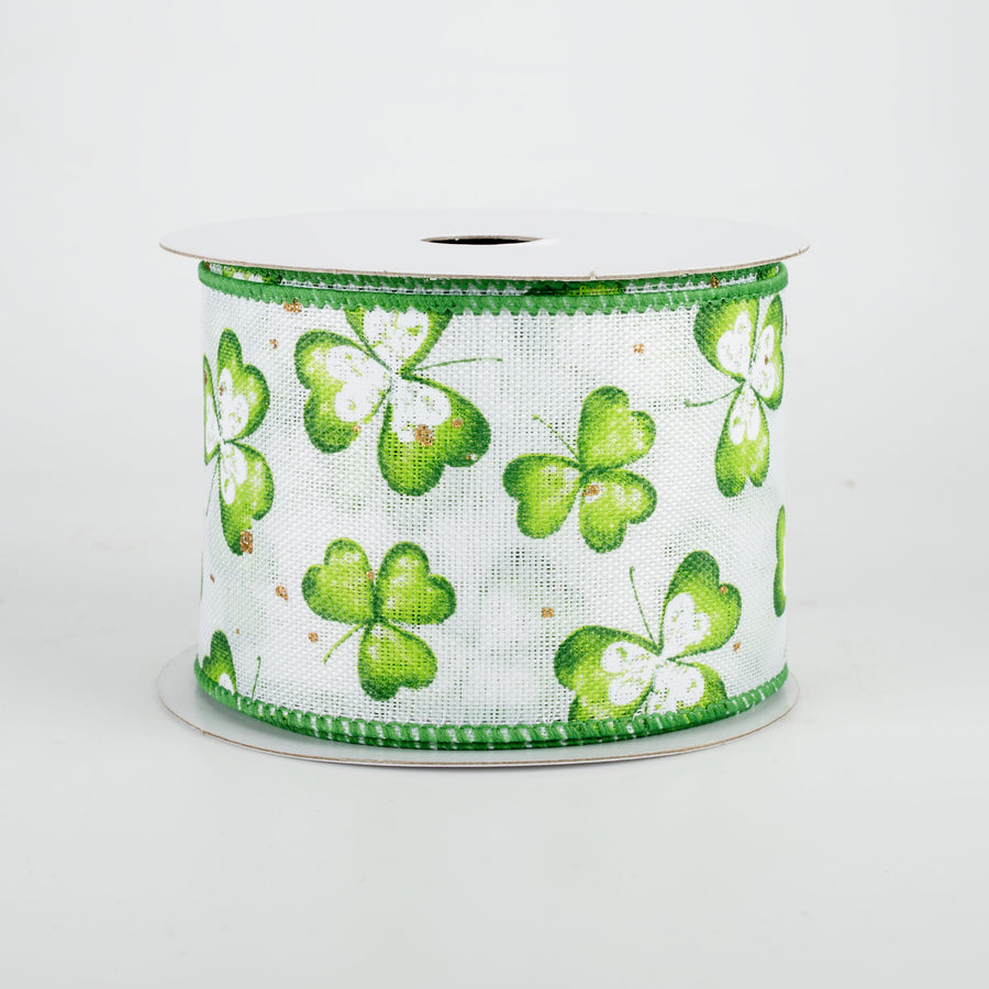 2.5" Watercolor Shamrocks Ribbon: White (10 Yards)