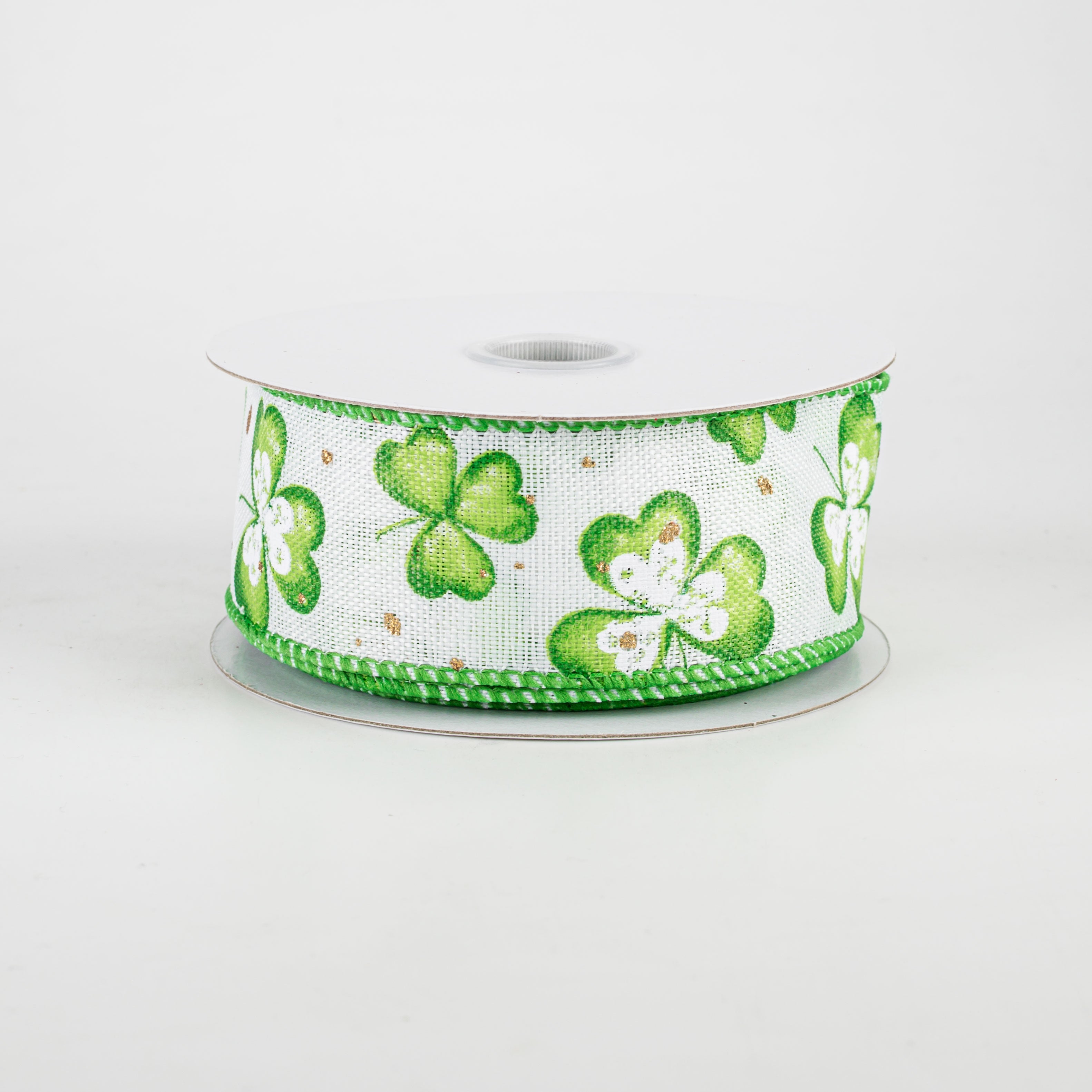 1.5" Watercolor Shamrocks Ribbon: White (10 Yards)