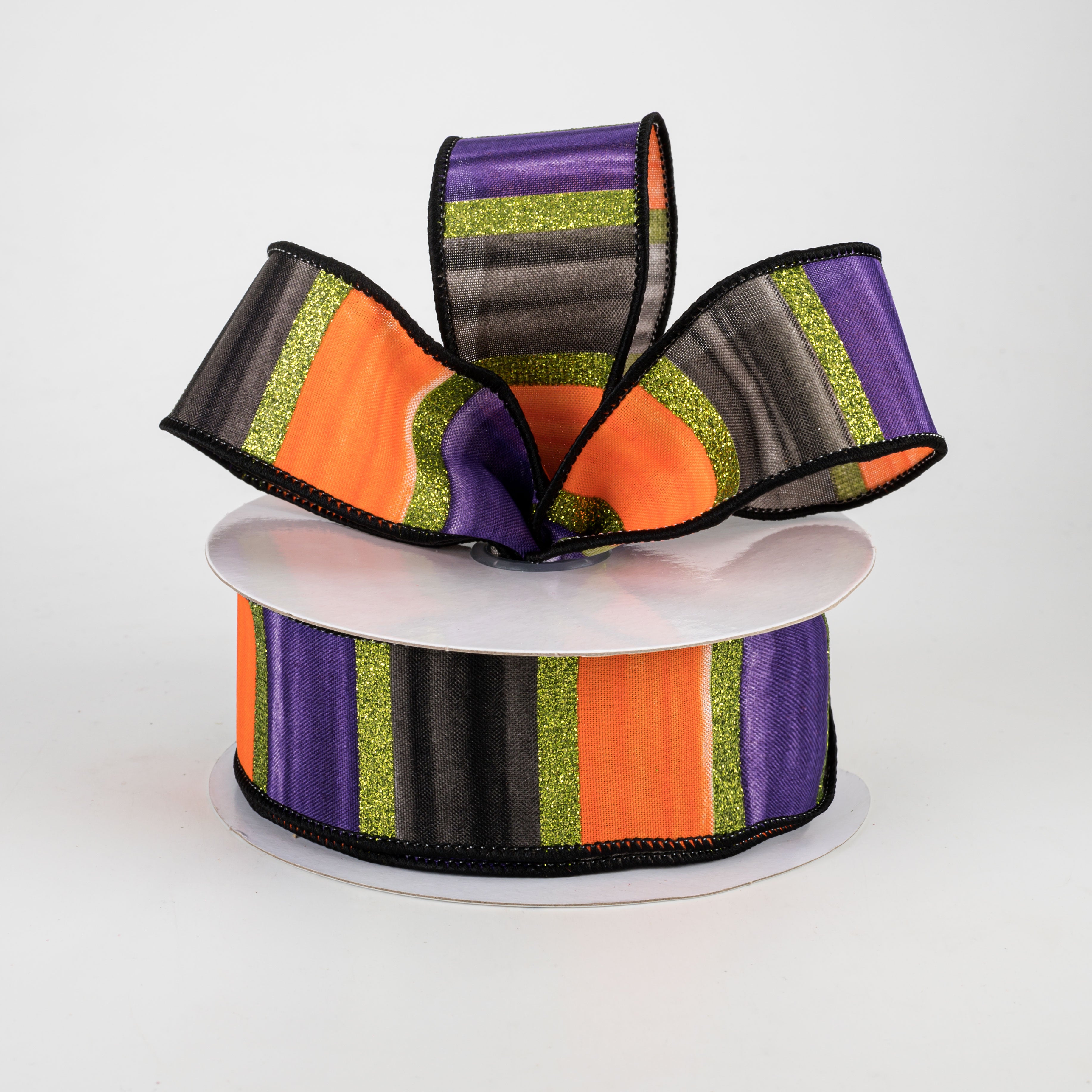 1.5" Watercolor Stripes Ribbon: Purple, Black, Orange, Lime (10 Yards) Lifestyle Photo