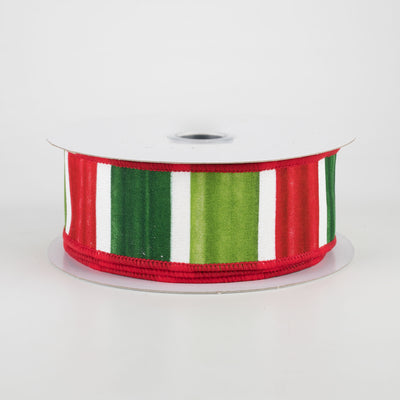 1.5" Watercolor Wide Stripe Ribbon: Red, Lime, Emerald, White (10 Yards)