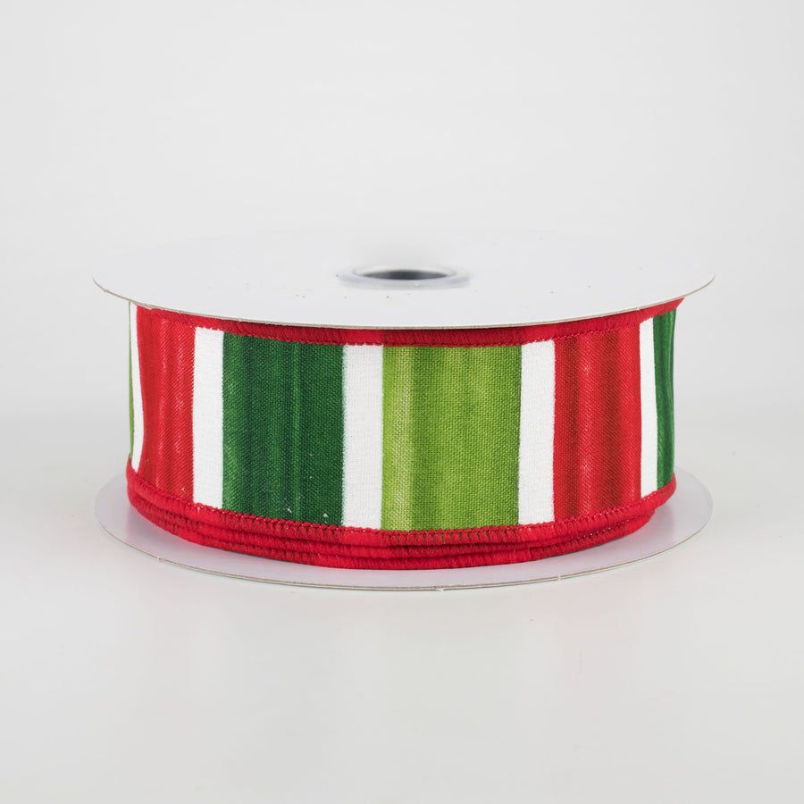 1.5" Watercolor Wide Stripe Ribbon: Red, Lime, Emerald, White (10 Yards)