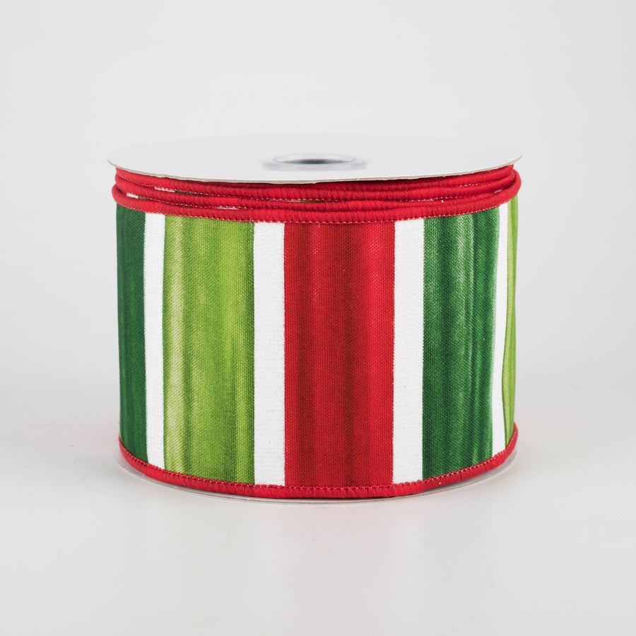 2.5" Watercolor Wide Stripe Ribbon: Red, Lime, Emerald, White (10 Yards)