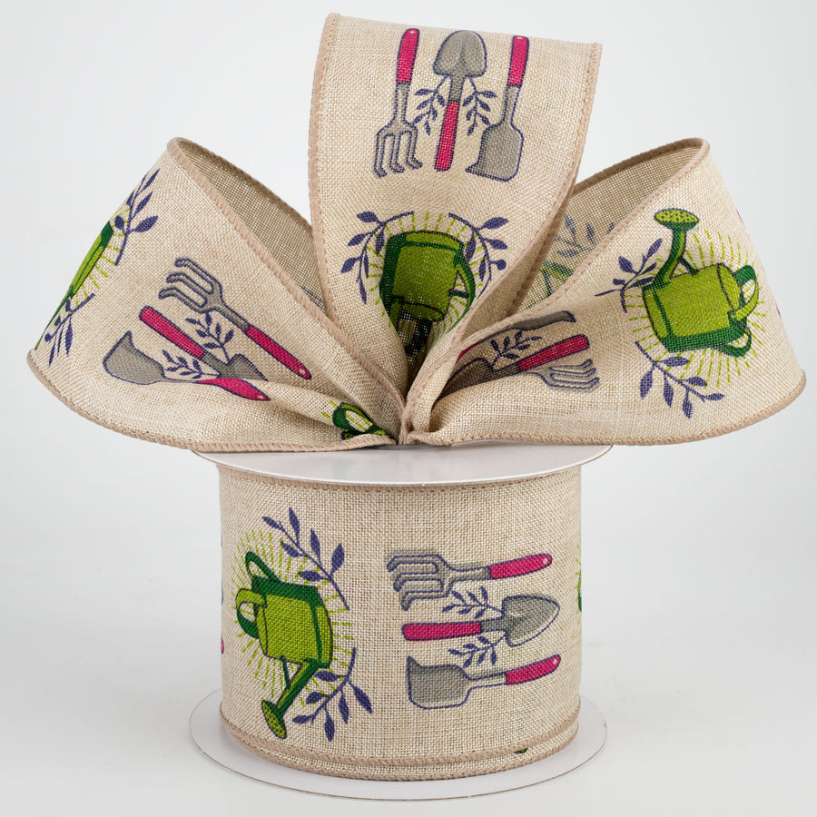 2.5" Watering Can & Garden Tools Ribbon: Natural (10 Yards) Lifestyle Photo