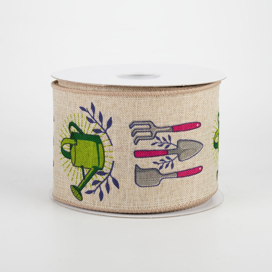 2.5" Watering Can & Garden Tools Ribbon: Natural (10 Yards)