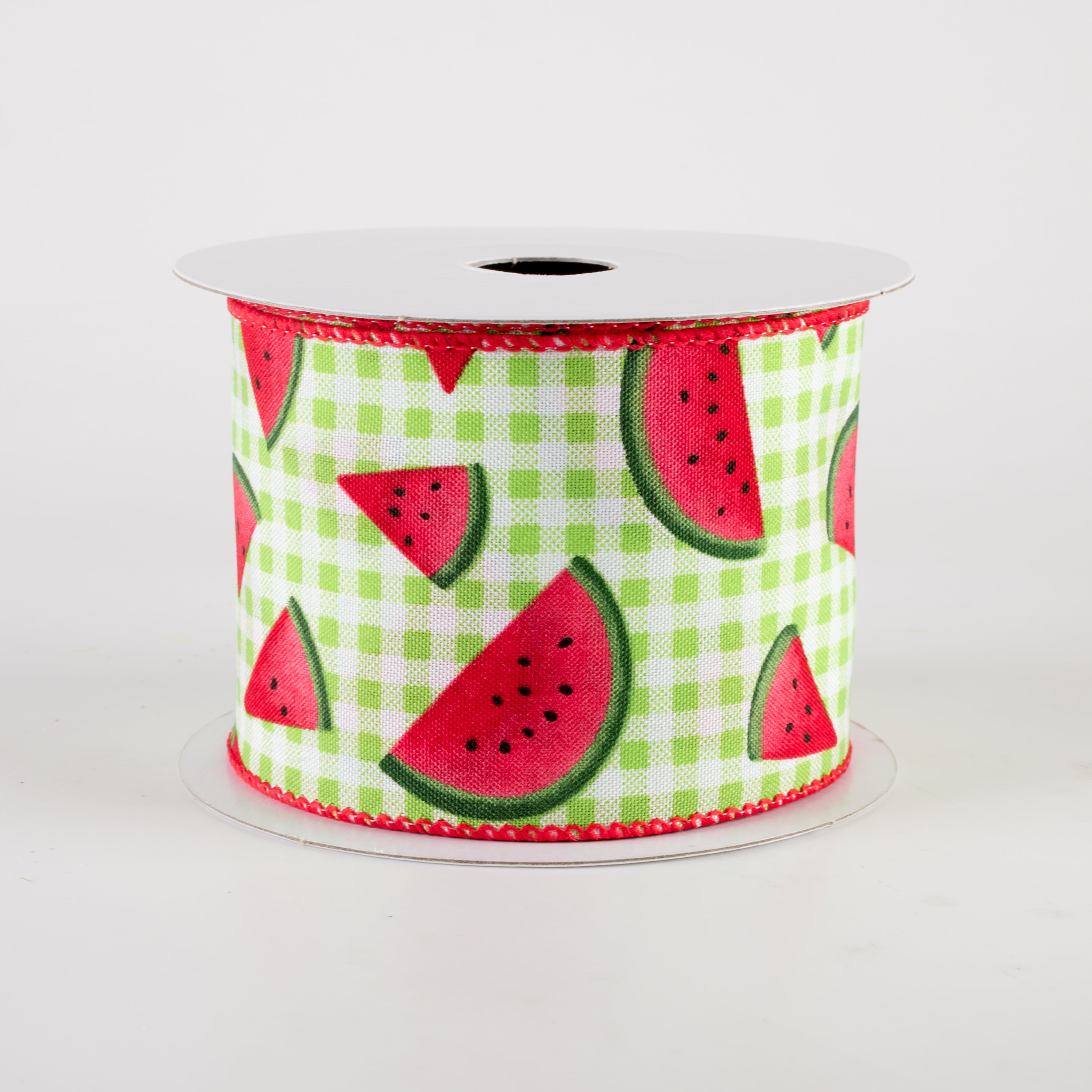 2.5" Watermelon Slices Gingham Ribbon: Lime Green (10 Yards)