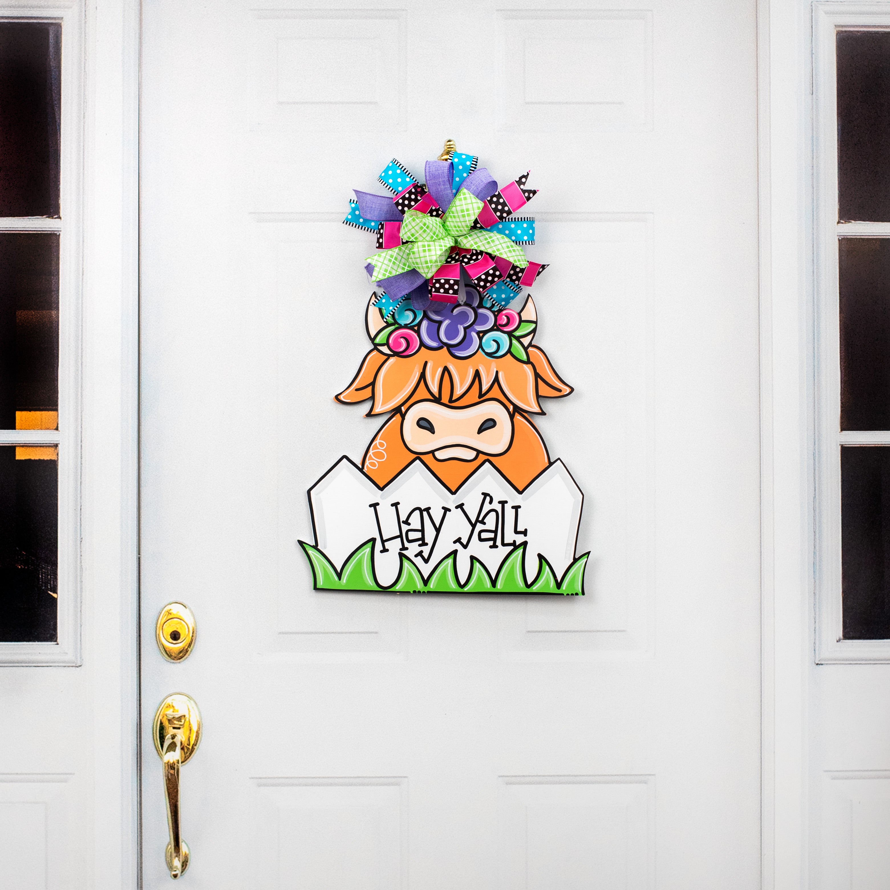 18" Waterproof Door Hanger: Hay Y'all Highland Cow detail photo 4