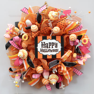 8.5" Waterproof Accent Sign: Happy Halloween Traditional Scalloped Stripes Lifestyle Photo