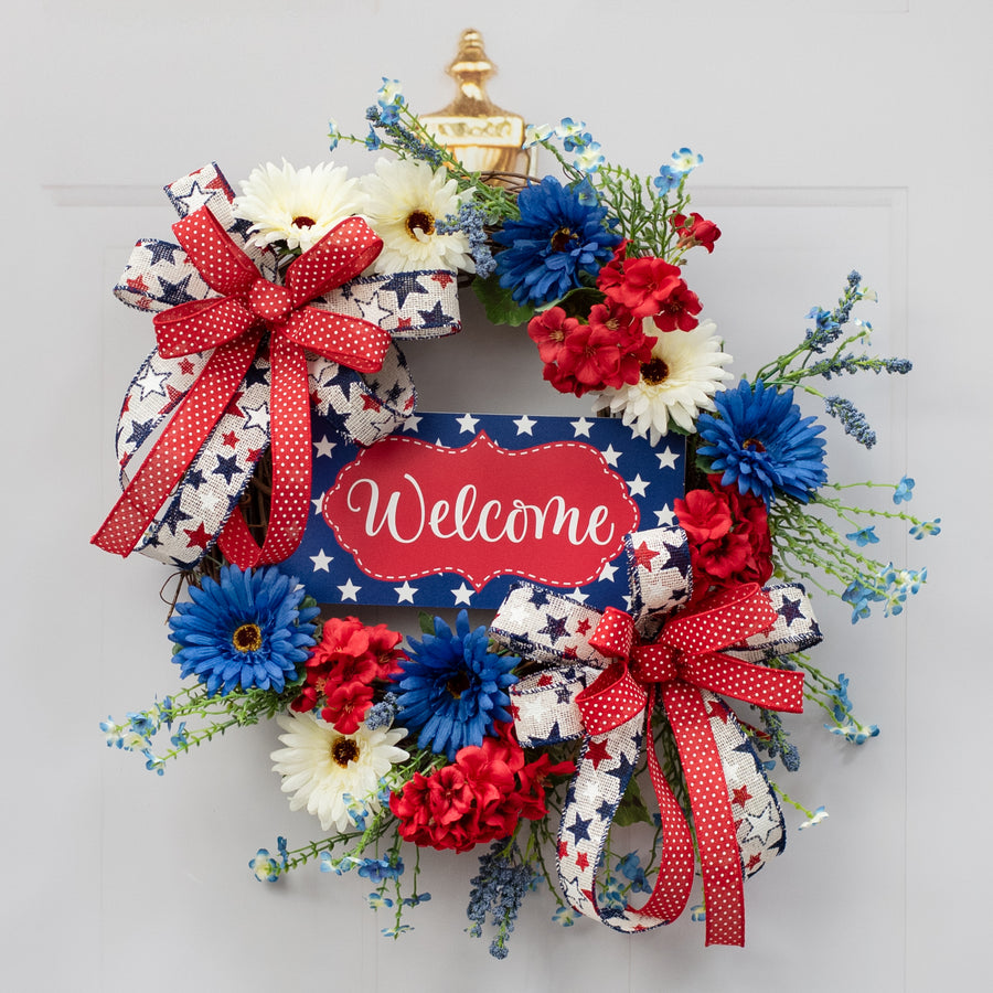 10.5" Waterproof Sign: Scalloped Welcome Patriotic Stars Lifestyle Photo