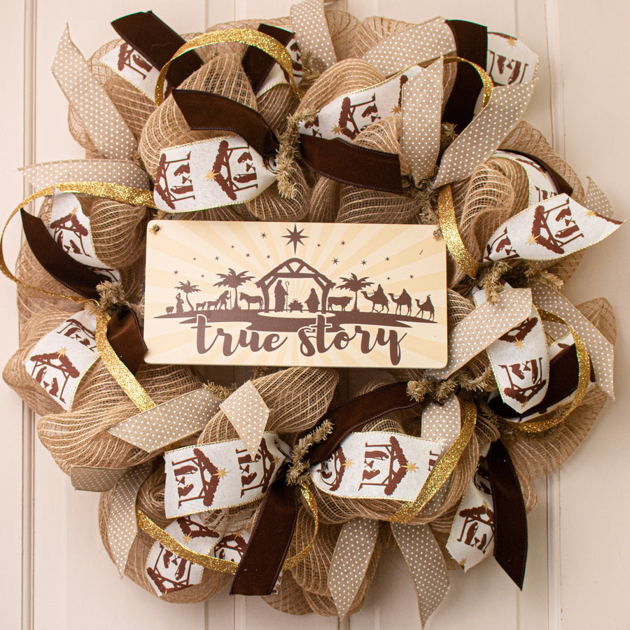 12" Waterproof Sign: True Story Manger on Brown Lifestyle Photo